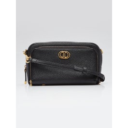 Christian Dior Black Pebbled Leather Caro Double Pouch Crossbody Bag