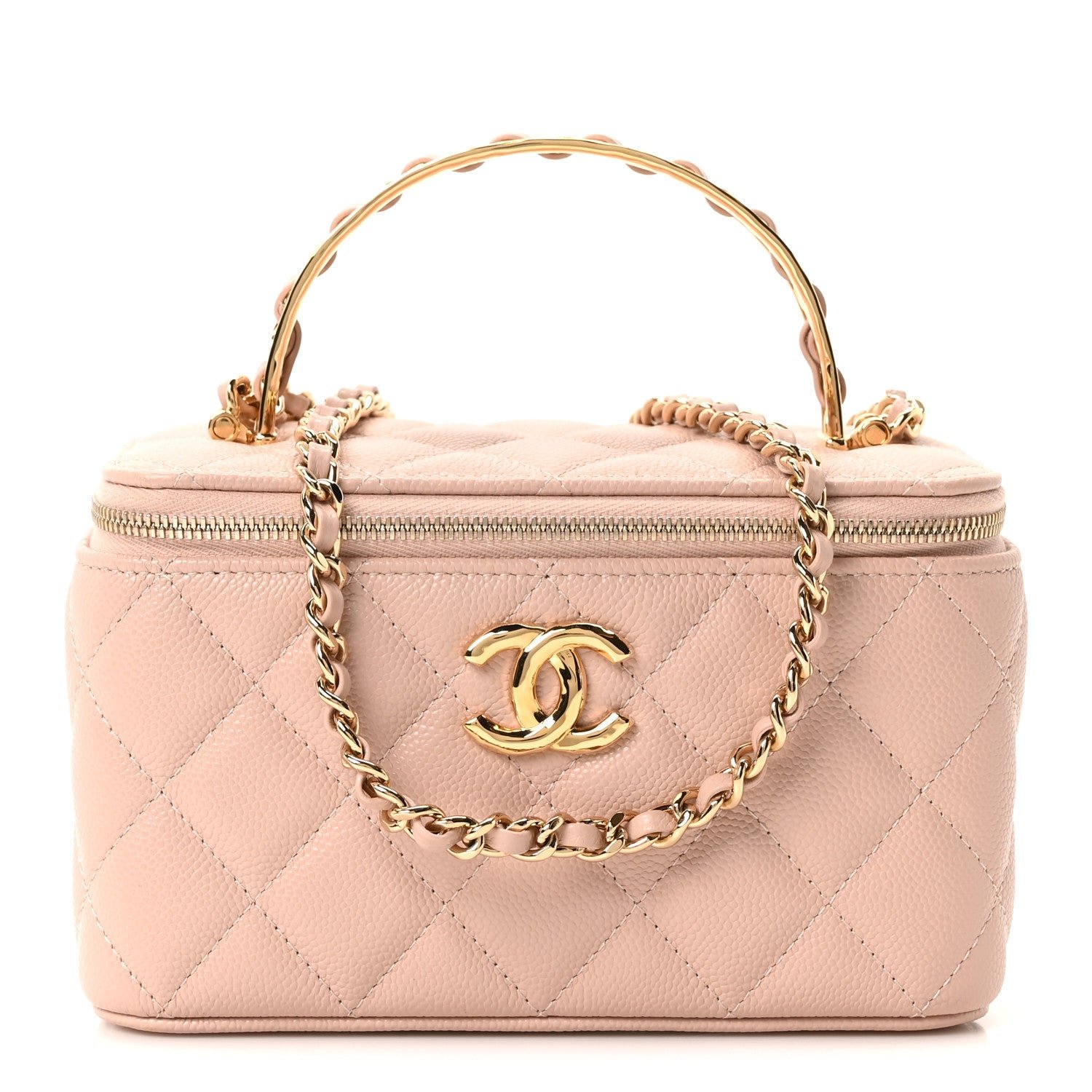 Chanel Lambskin Quilted Metal Twist Small Top Handle Vanity Case With Chain Pink