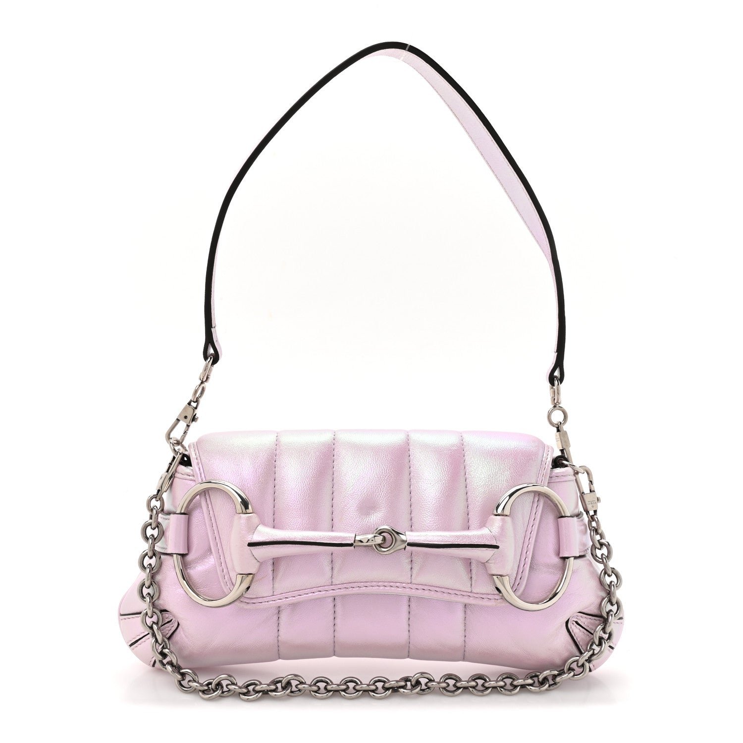 Gucci Iridescent Nappa Vertical Matelasse Small Maxi Horsebit Chain Shoulder Bag Escape Pink