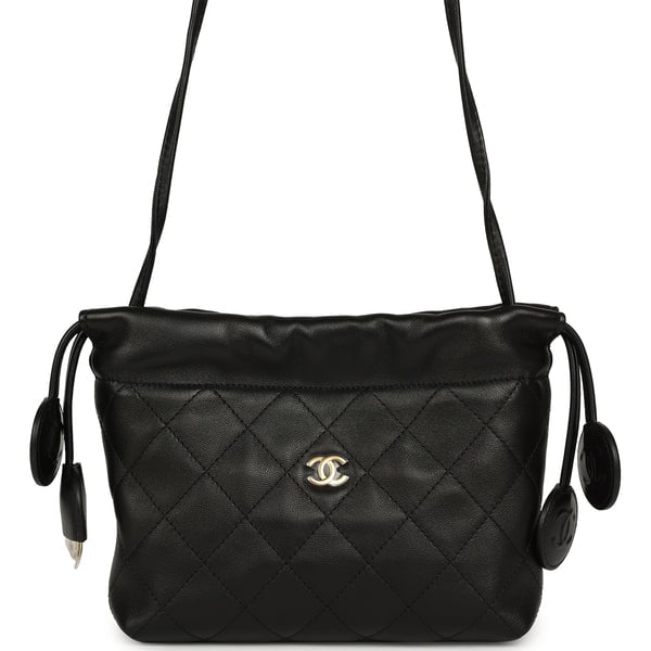 Chanel CC Drawstring Clutch with Leather Strap Black Lambskin Gold Hardware