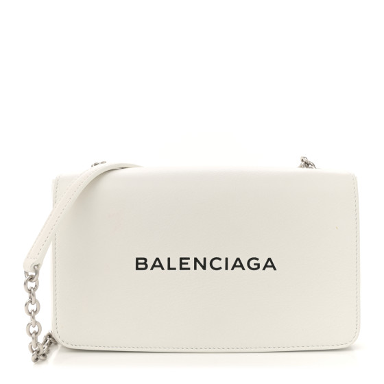 Balenciaga Pebbled Calfskin Logo Everyday Flap Chain Wallet White