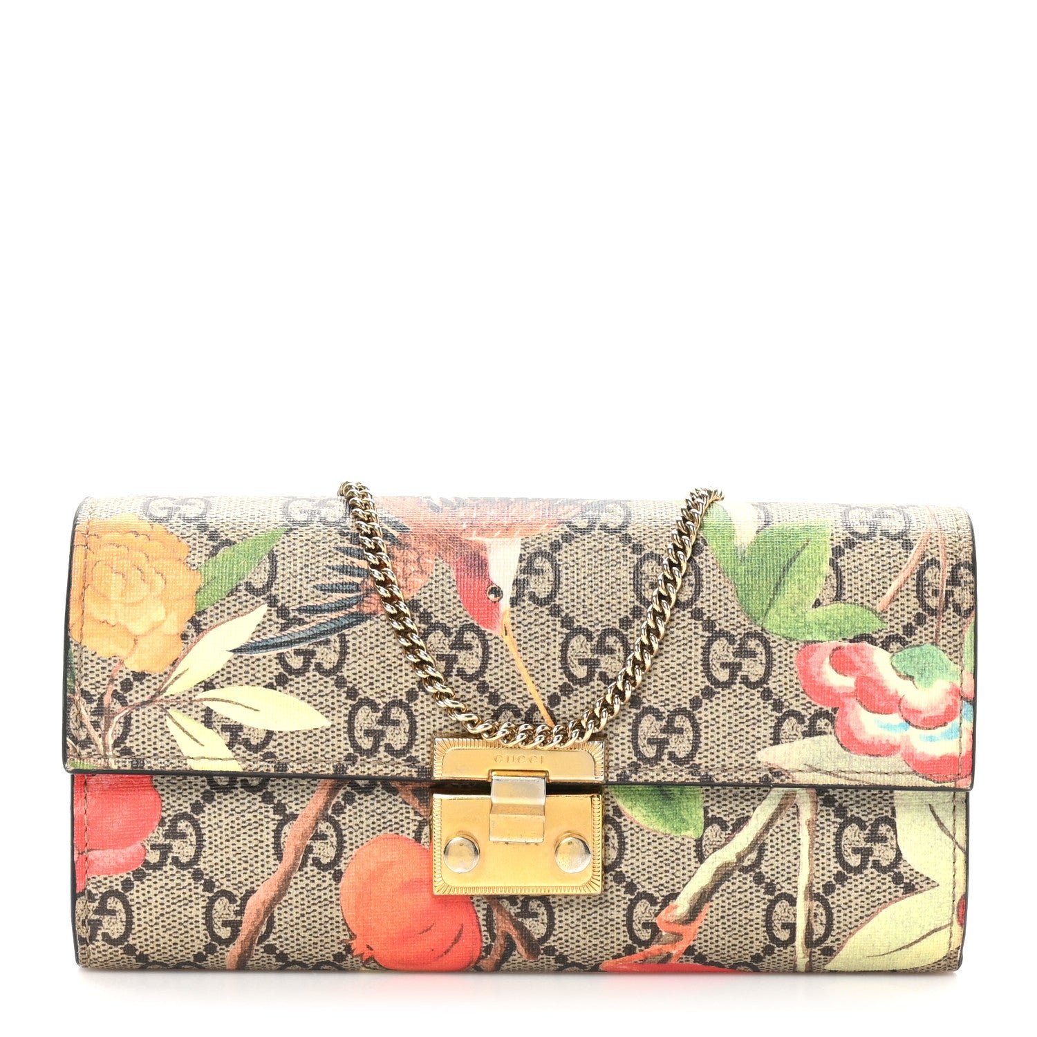 Gucci GG Supreme Monogram Tian Padlock Continental Chain Wallet Beige Multicolor