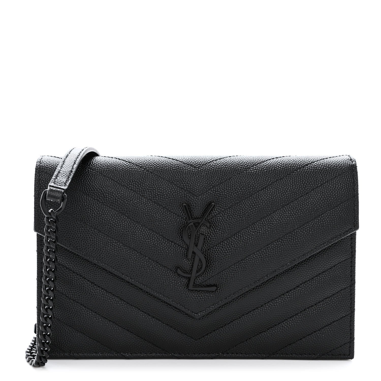 Saint Laurent Grain De Poudre Matelasse Chevron Monogram Monochrome Envelope Chain Wallet Black