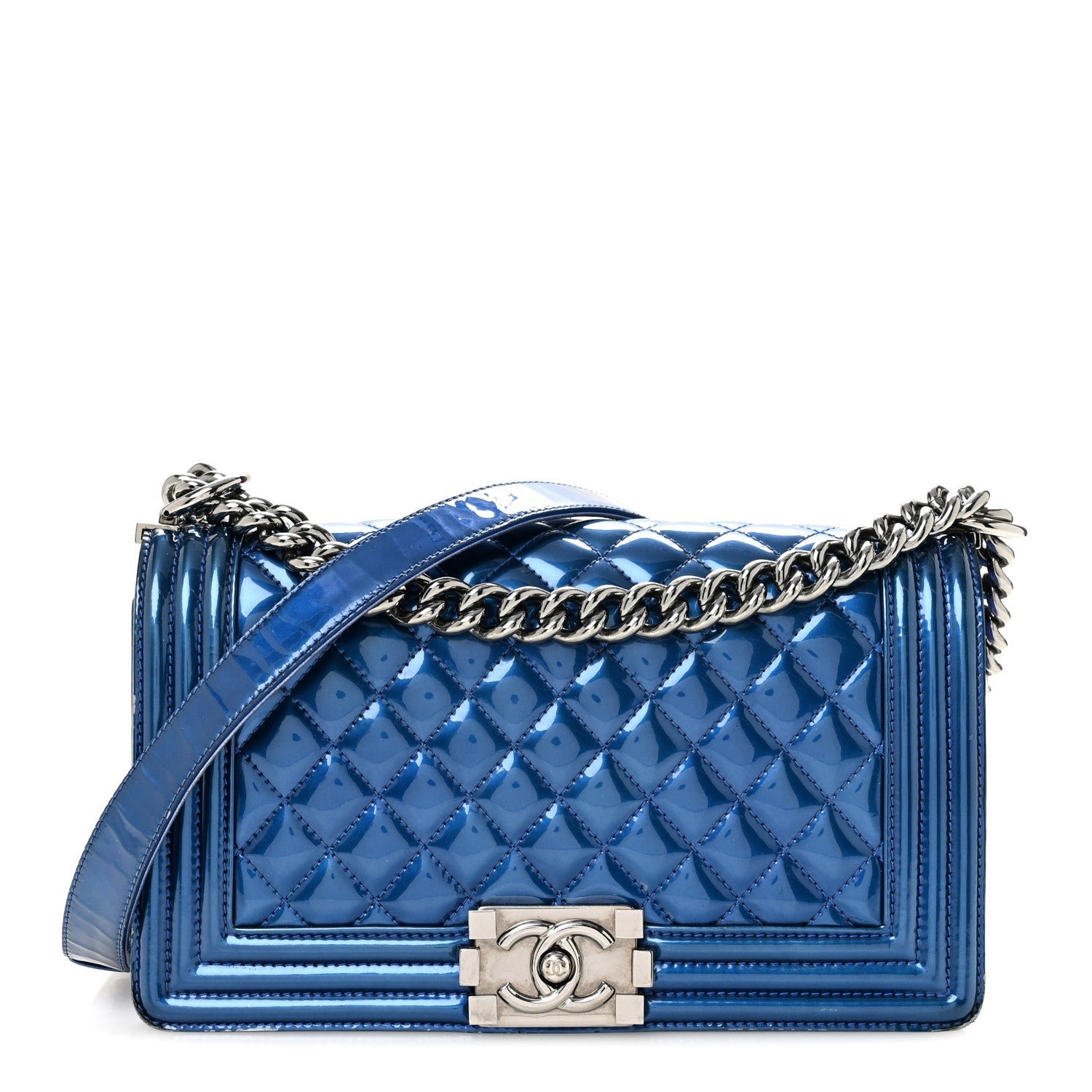 Chanel Metallic Patent Quilted Medium Boy Flap Blue