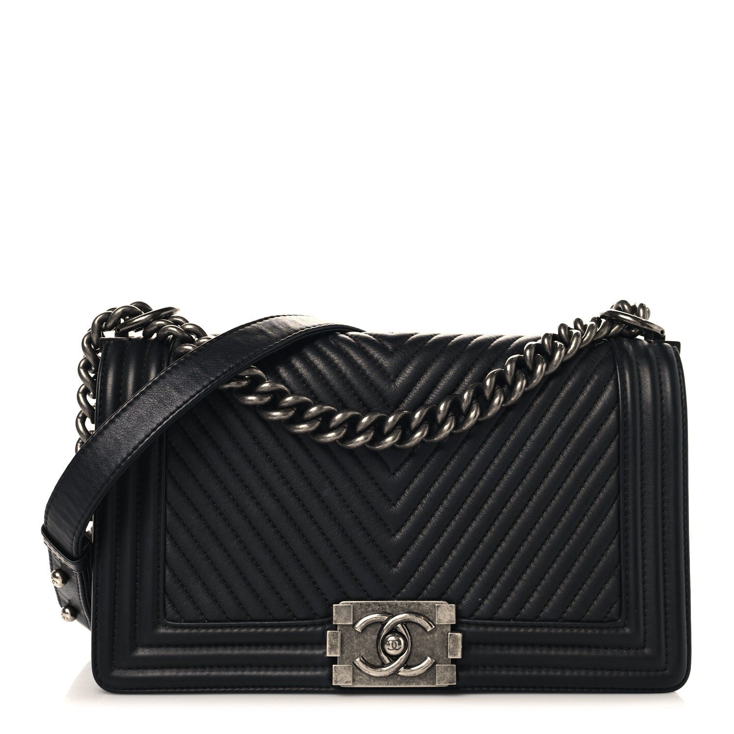 Chanel Calfskin Chevron Quilted Medium Chain Boy Flap Black