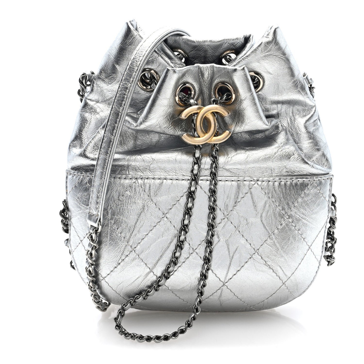 Chanel Metallic Aged Calfskin Quilted Small Gabrielle Bucket Silver