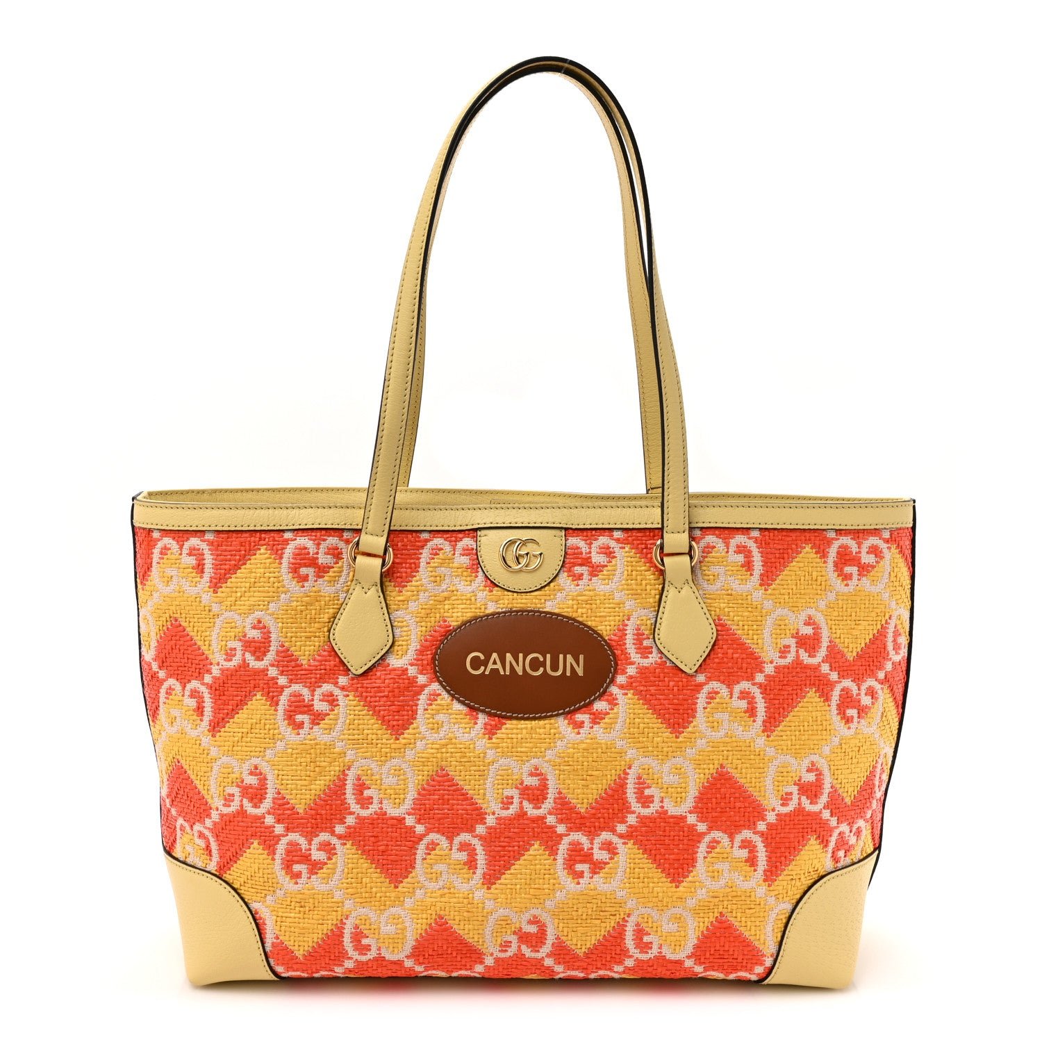 Gucci Straw Textured Dollar Calfskin Cancun Medium Ophidia Shopping Tote Orange Yellow
