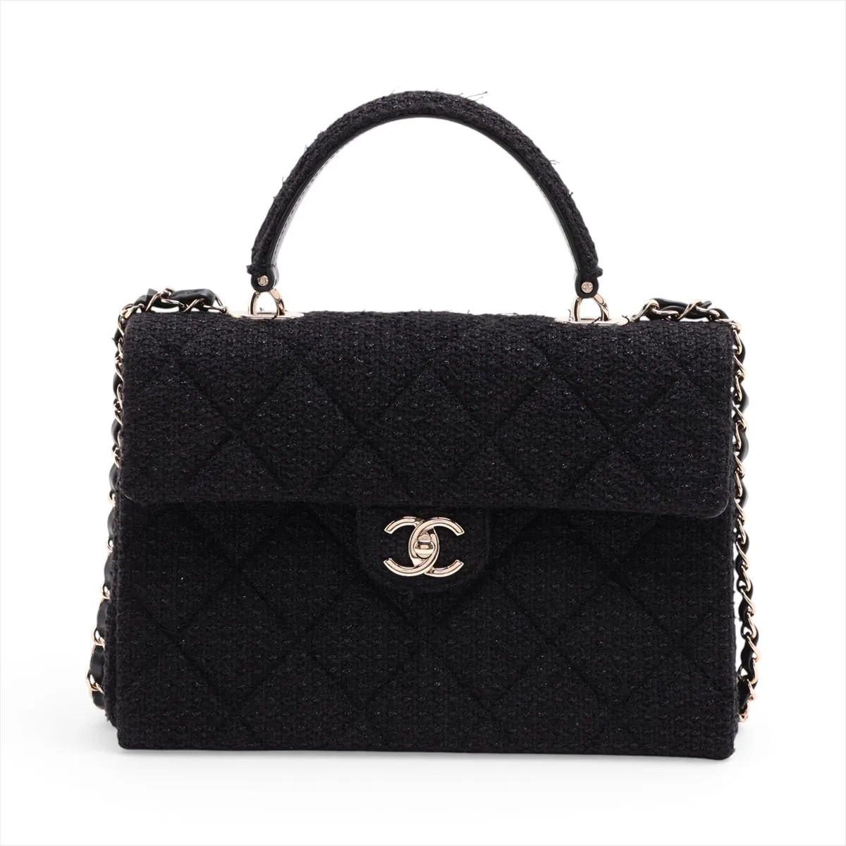 Chanel Matelasse Tweed 2 Way Handbag Black Gold Metal Fittings random serial