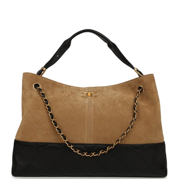 Chanel Large Coco Base Hobo Bag Brown Suede and Black Shiny Lambskin Brushed Gold Hardware