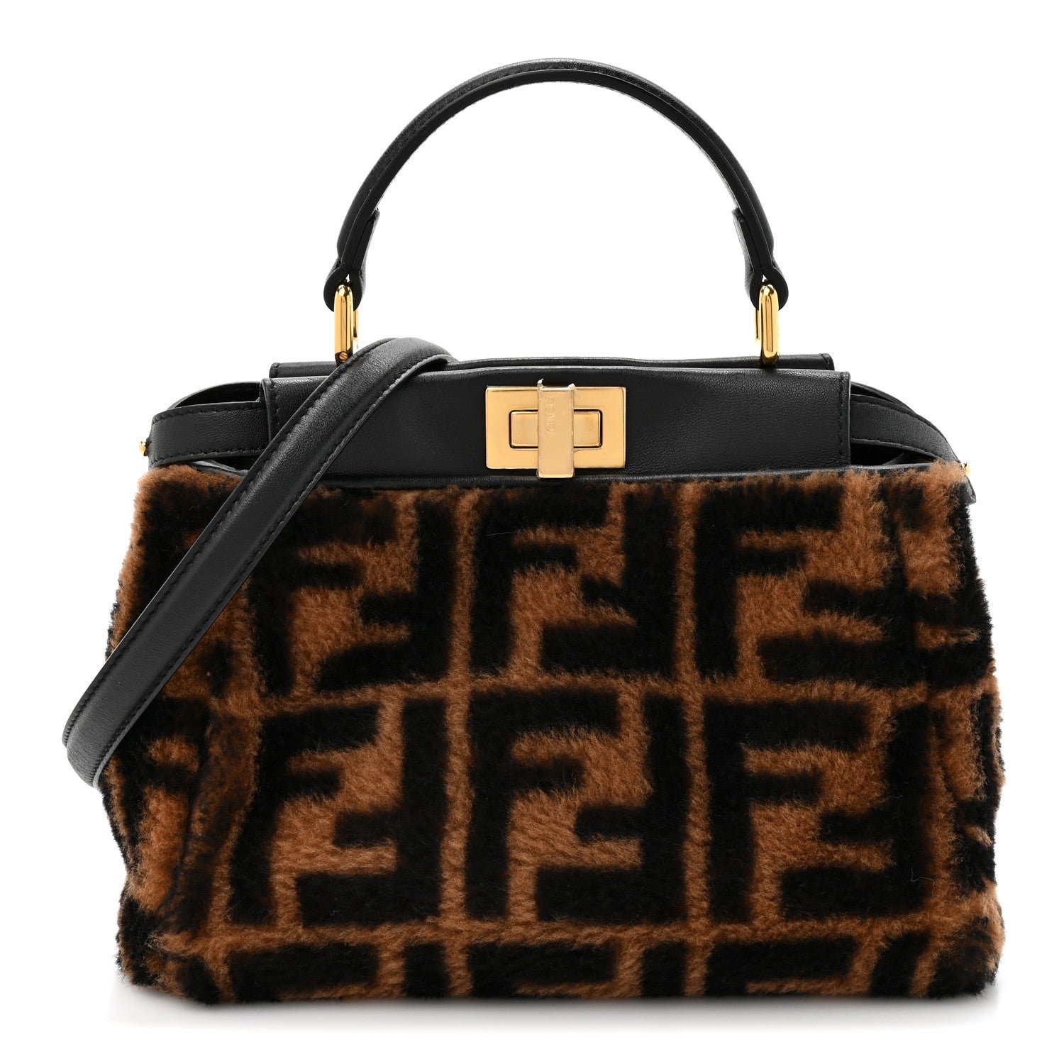 Fendi Shearling Nappa Macro FF 1974 Mini Peekaboo Iconic Satchel Tobacco Black