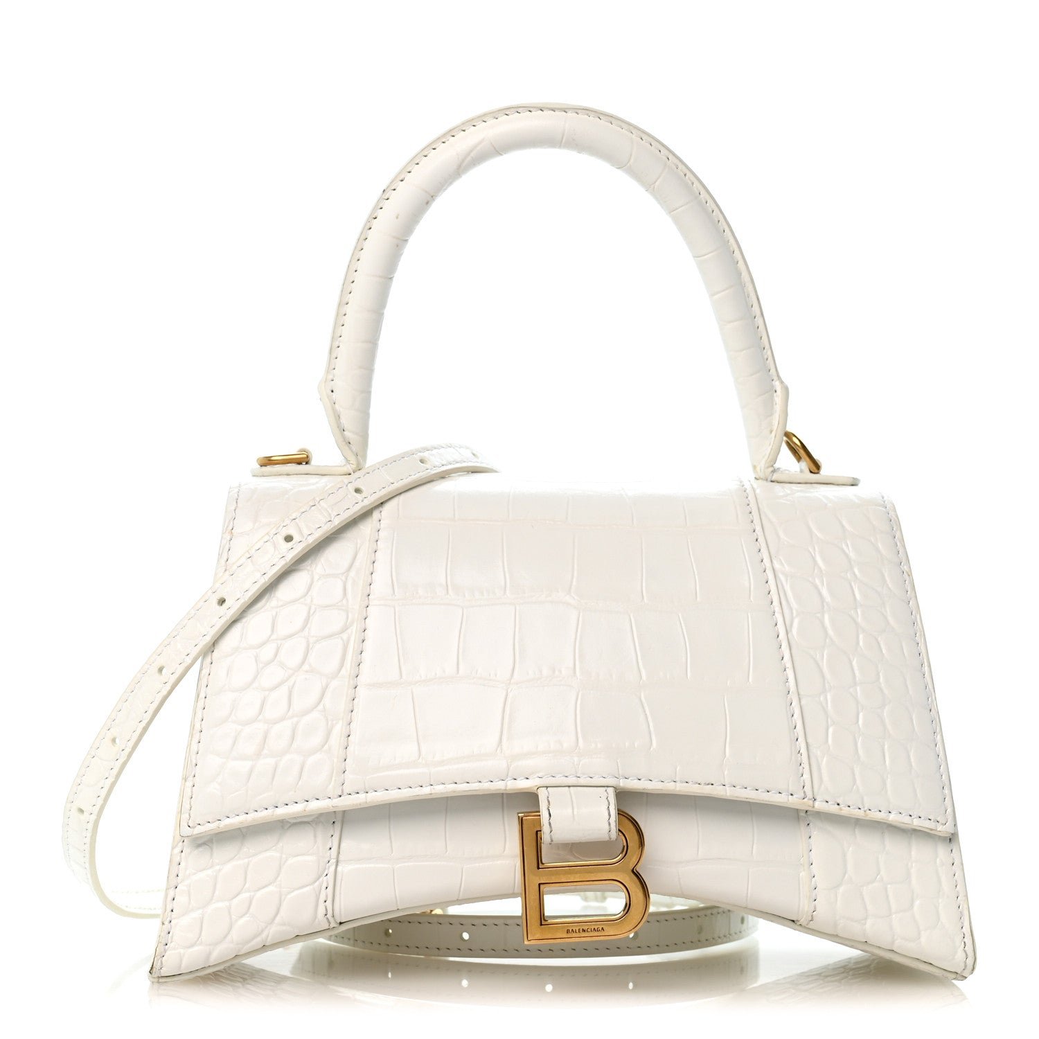 Balenciaga Calfskin Crocodile Embossed Small Hourglass Top Handle Bag White