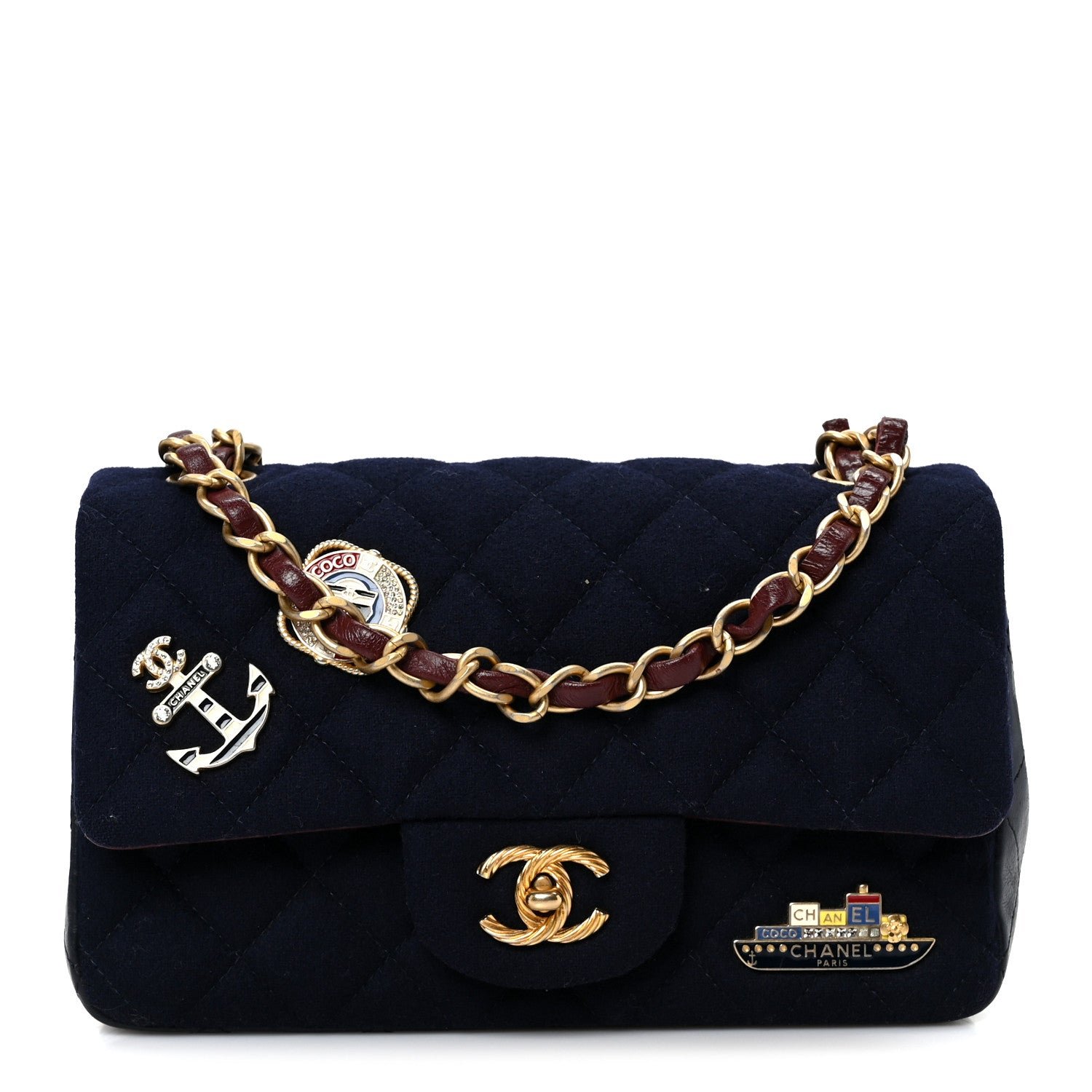 Chanel Felt Quilted Paris-Hamburg Charms Mini Rectangular Flap Black Dark Navy