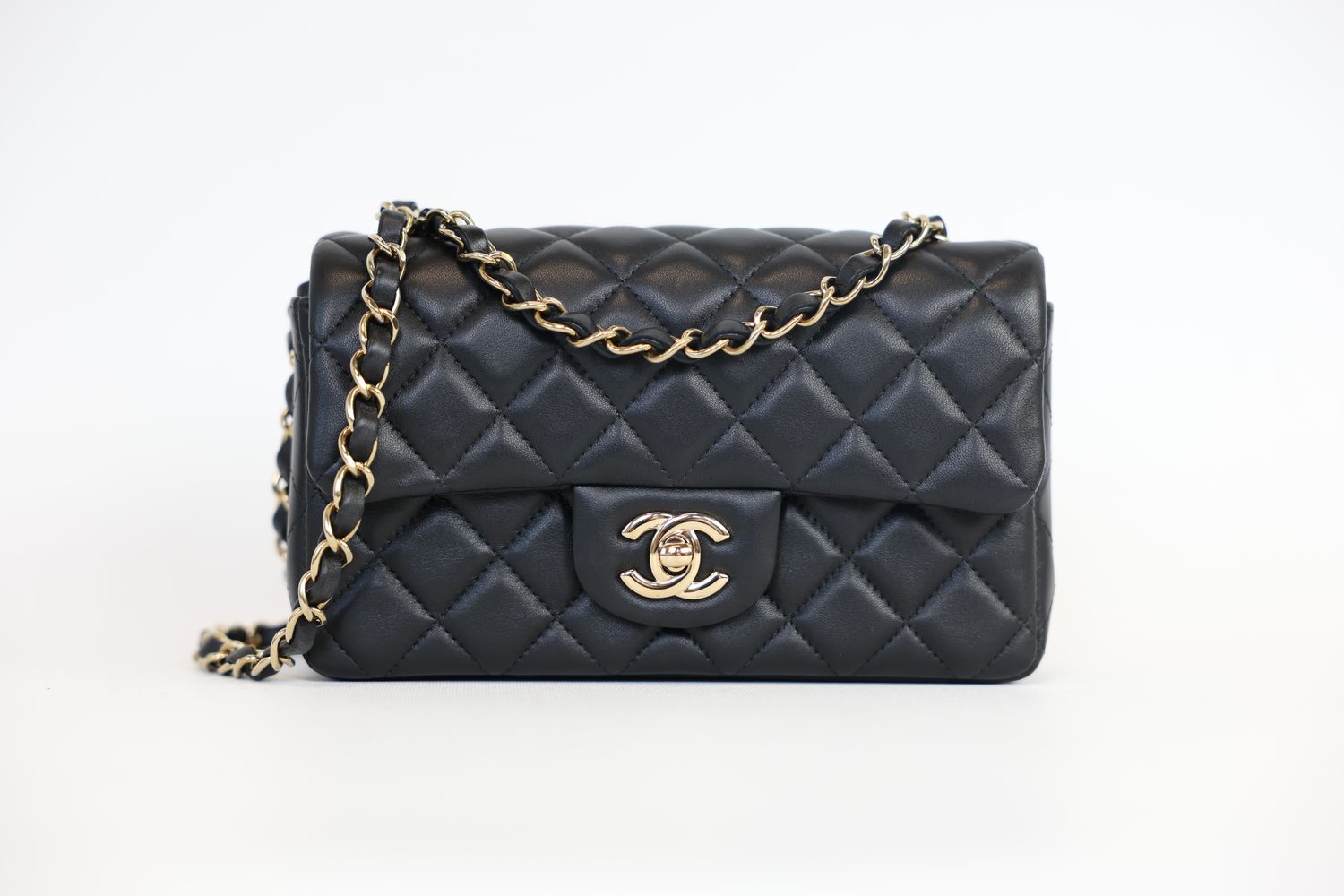 Chanel Classic 23S Mini Rectangular Bag, Black Quilted Leather and Gold Hardware, Preowned in Box WA001