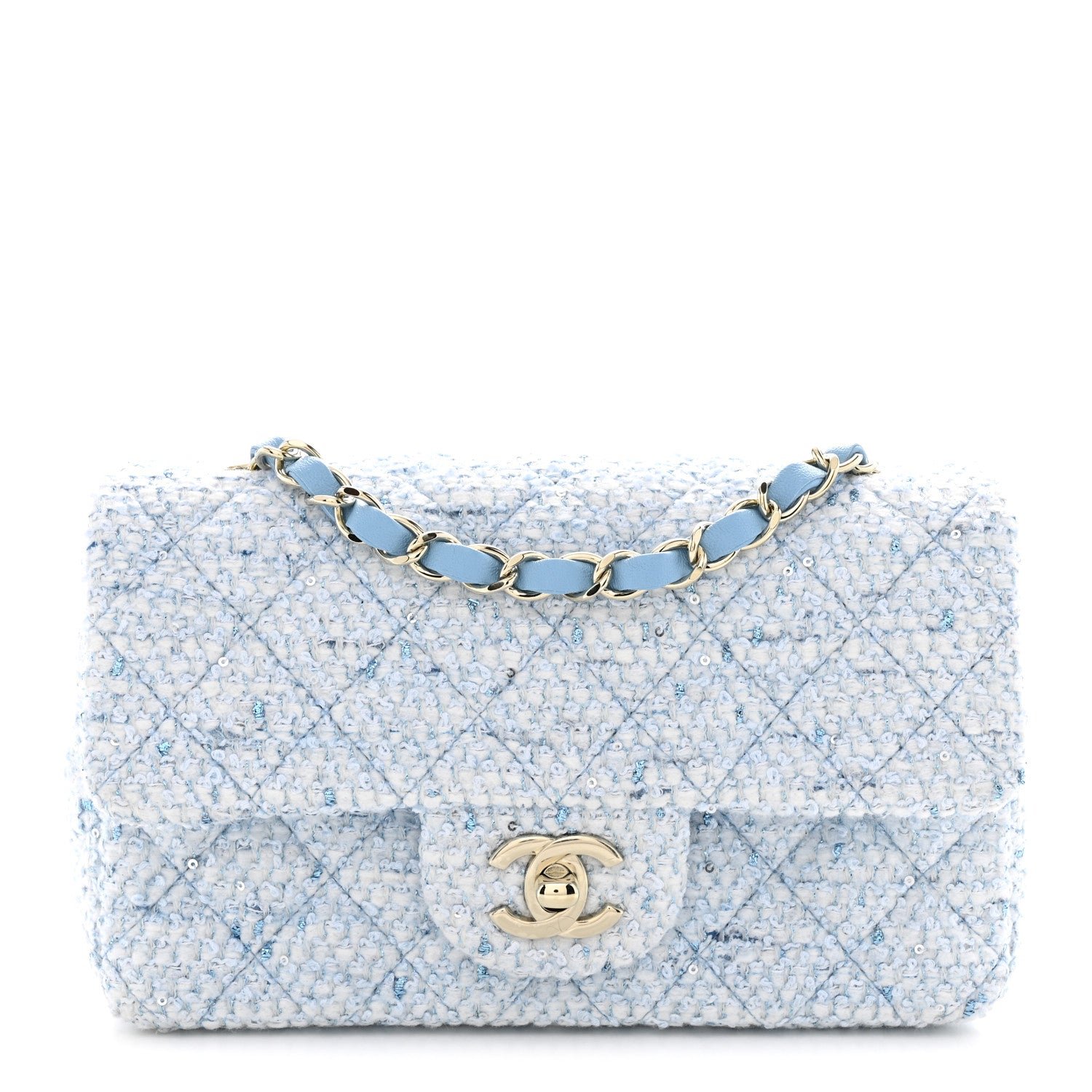 Chanel Tweed Quilted Mini Rectangular Flap Blue White Silver