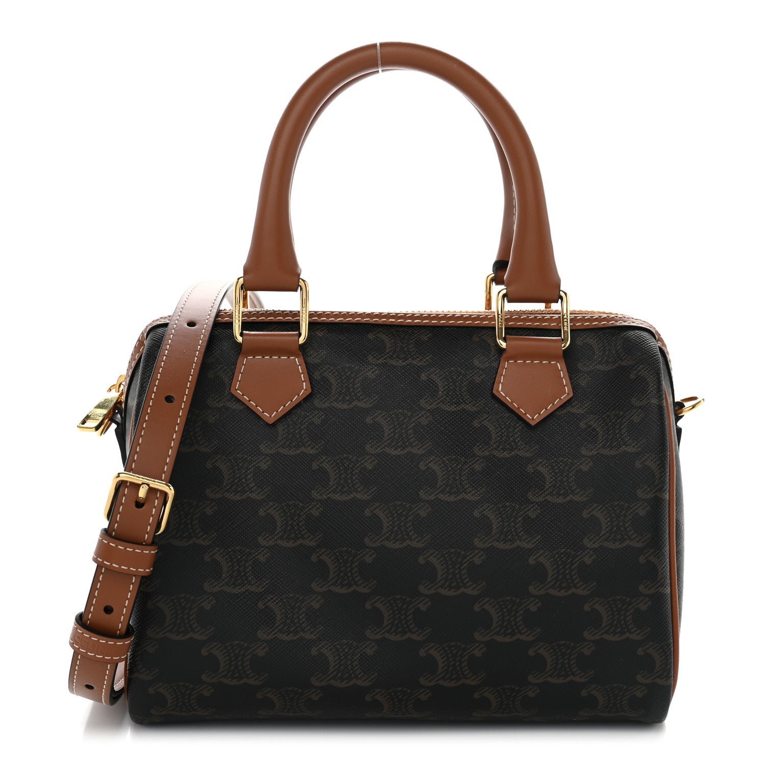 Celine Triomphe Canvas Calfskin Small Boston Bag Tan