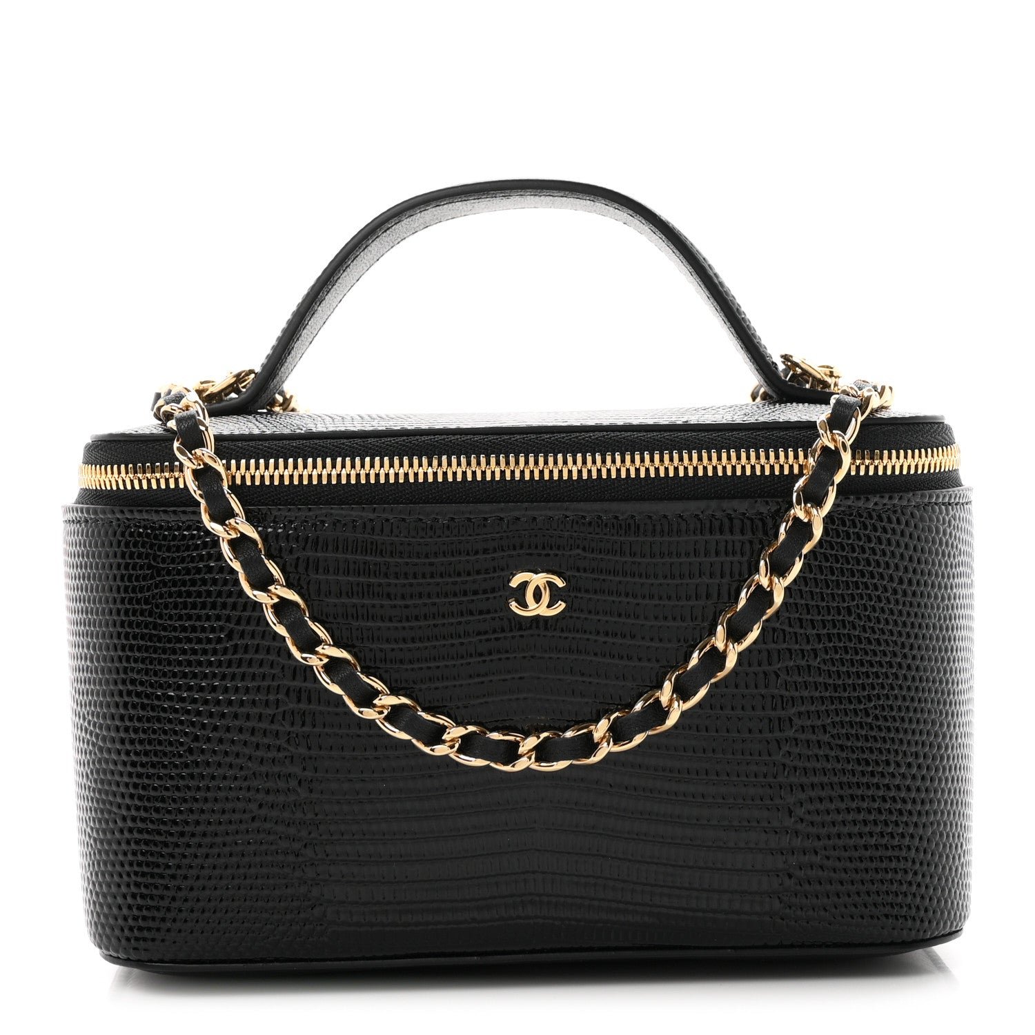 Chanel Calfskin Lizard Embossed Top Handle Vanity With Chain Black