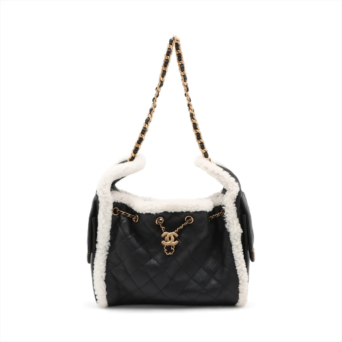 Chanel Chanel 25 Small Leather x shearling Chain Shoulder Bag Black Gold Metal F