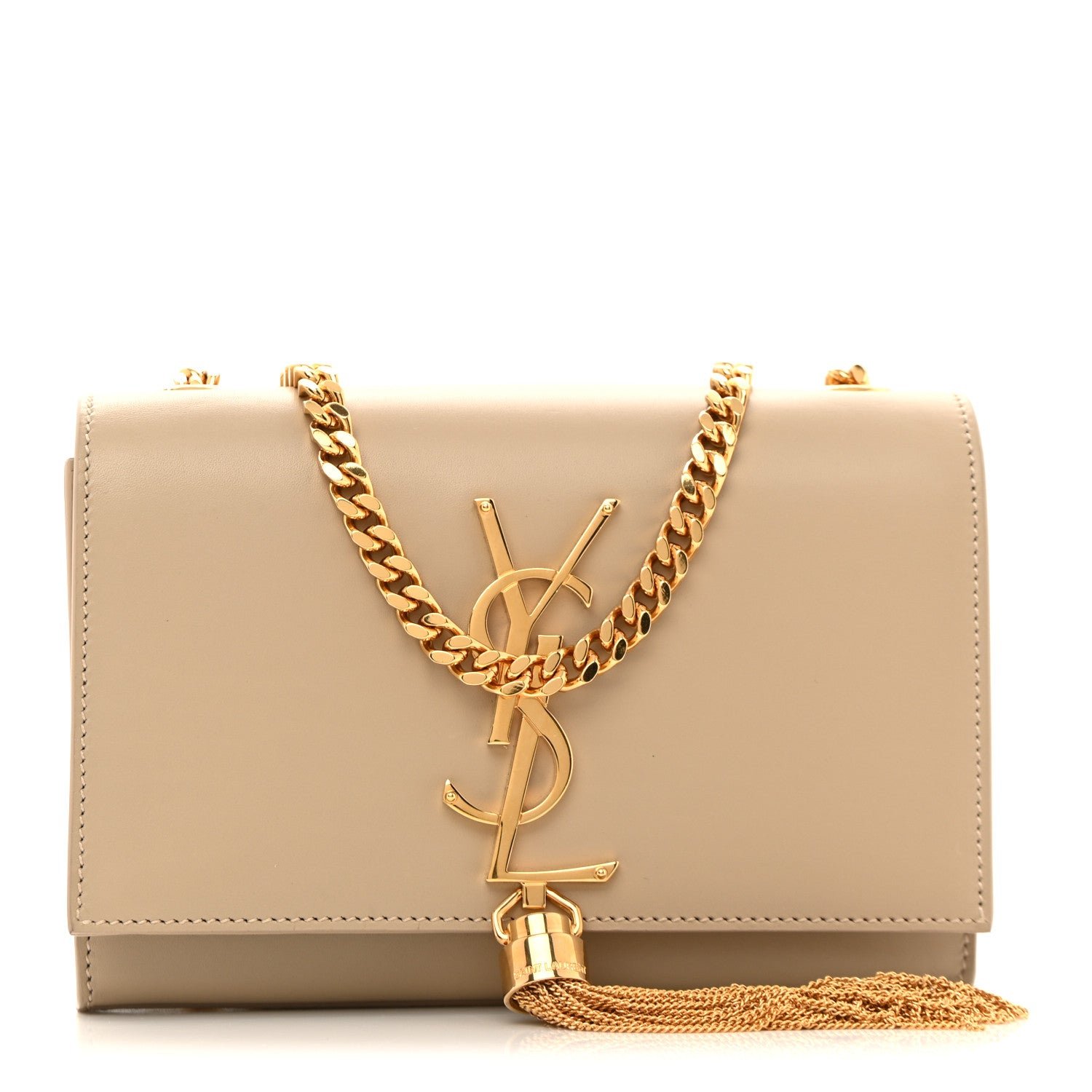 Saint Laurent Smooth Calfskin Small Classic Monogram Kate Tassel Satchel Dark Beige