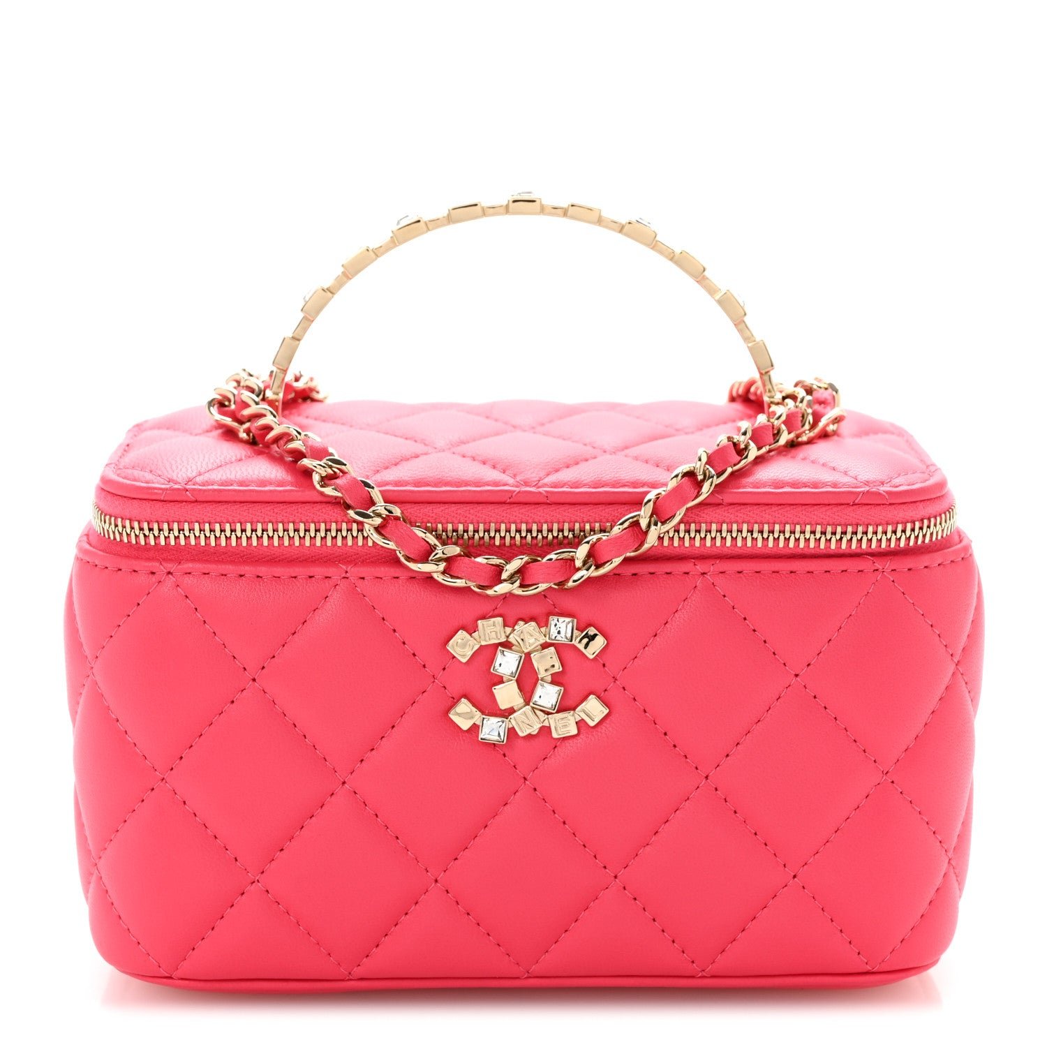 Chanel Lambskin Quilted Baguette Crystal Top Handle Vanity Case With Chain Fuchsia