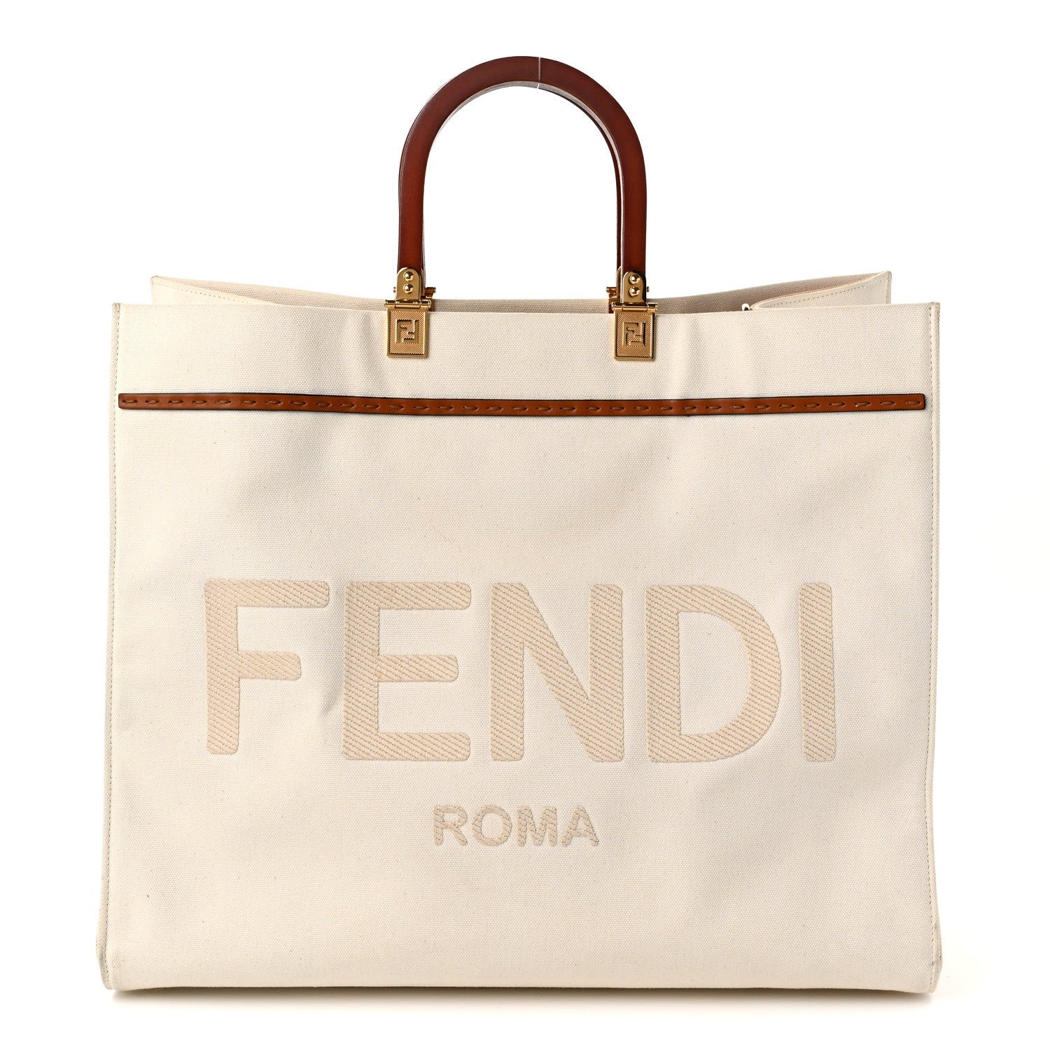 Fendi Canvas Vitello King Logo Embroidered Large Fendi Sunshine Shopper Tote Grezzo Cuoio