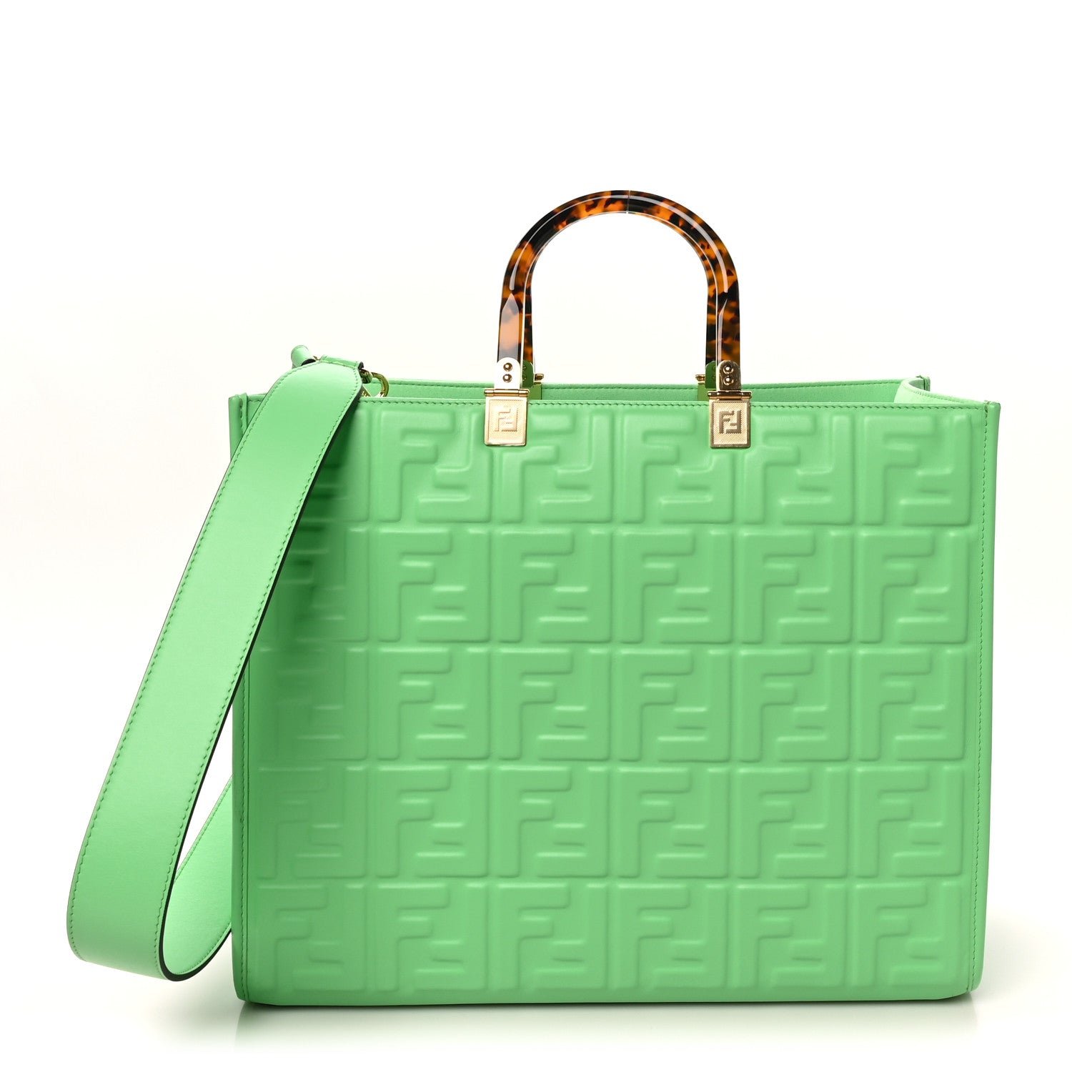Fendi Vitello Plexiglass FF Embossed Medium Fendi Sunshine Shopper Tote Edamame