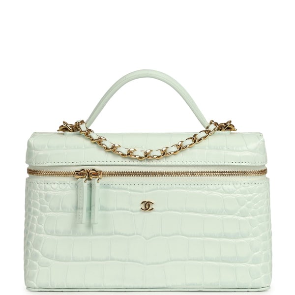 Chanel Top Handle Long Vanity Case with Chain Light Blue Croc Embossed Calfskin Gold Hardware