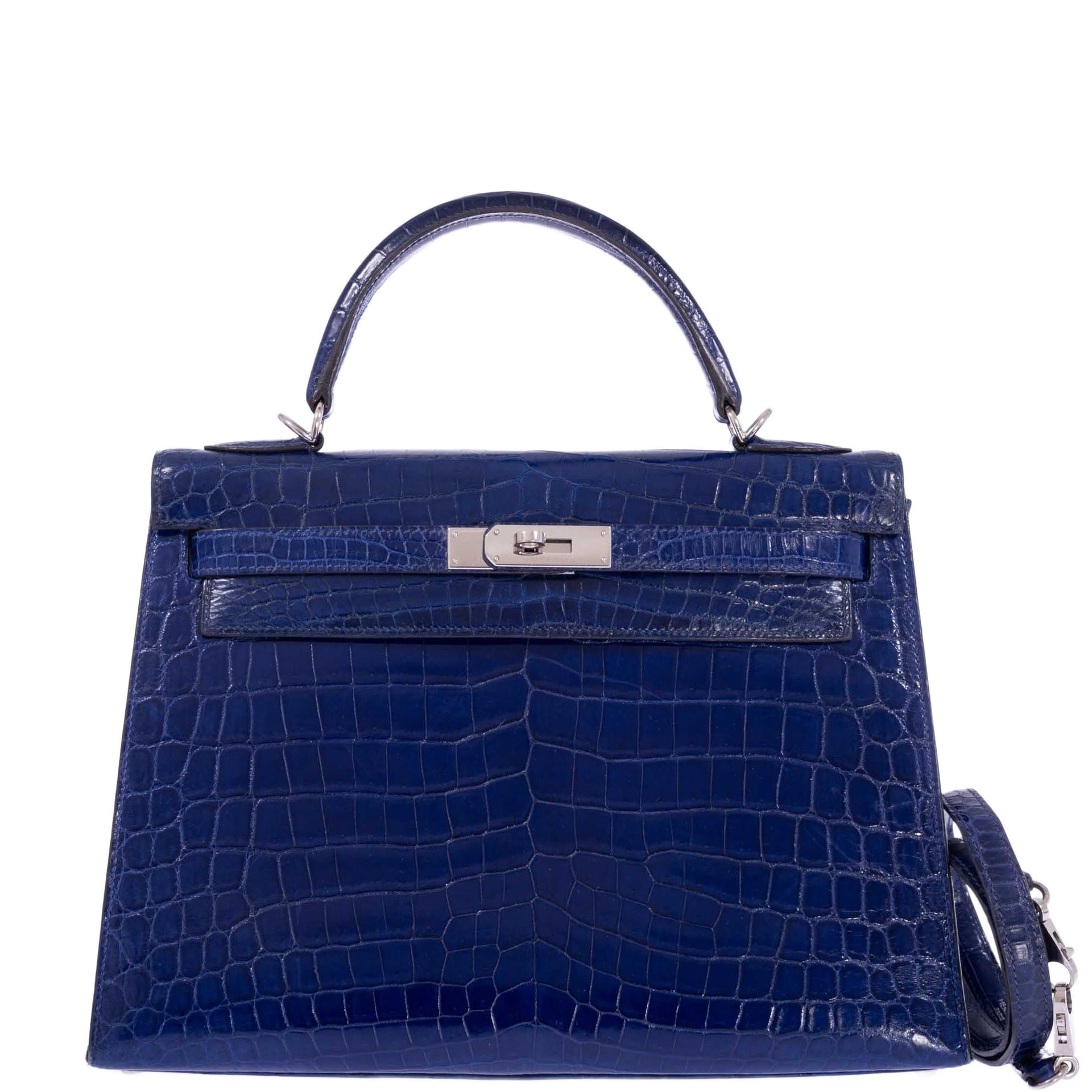Hermes Hermès Kelly 32 Sellier Blue Electric Shiny Niloticus Crocodile Palladium Hardware