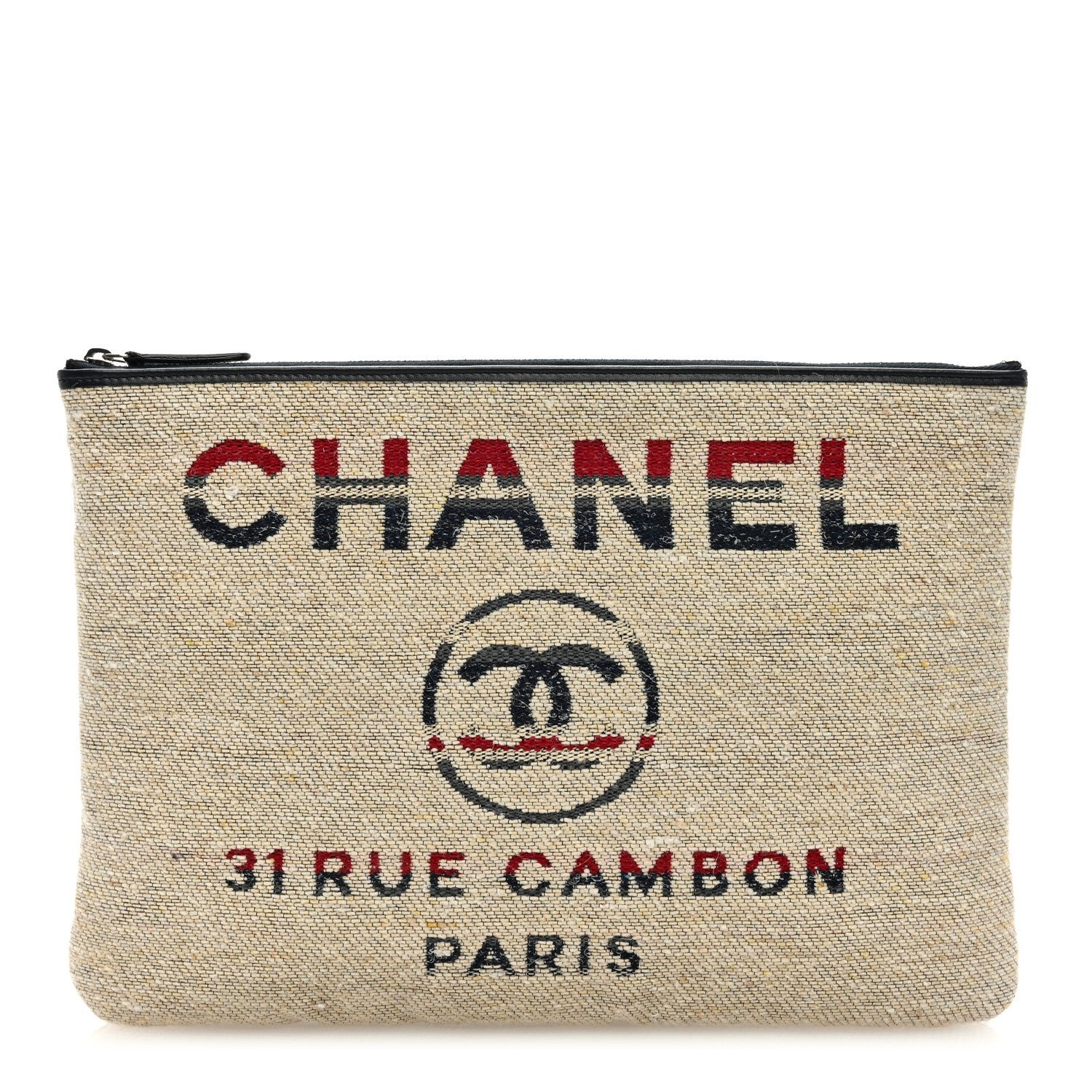 Chanel Striped Canvas Deauville Pouch Clutch Beige