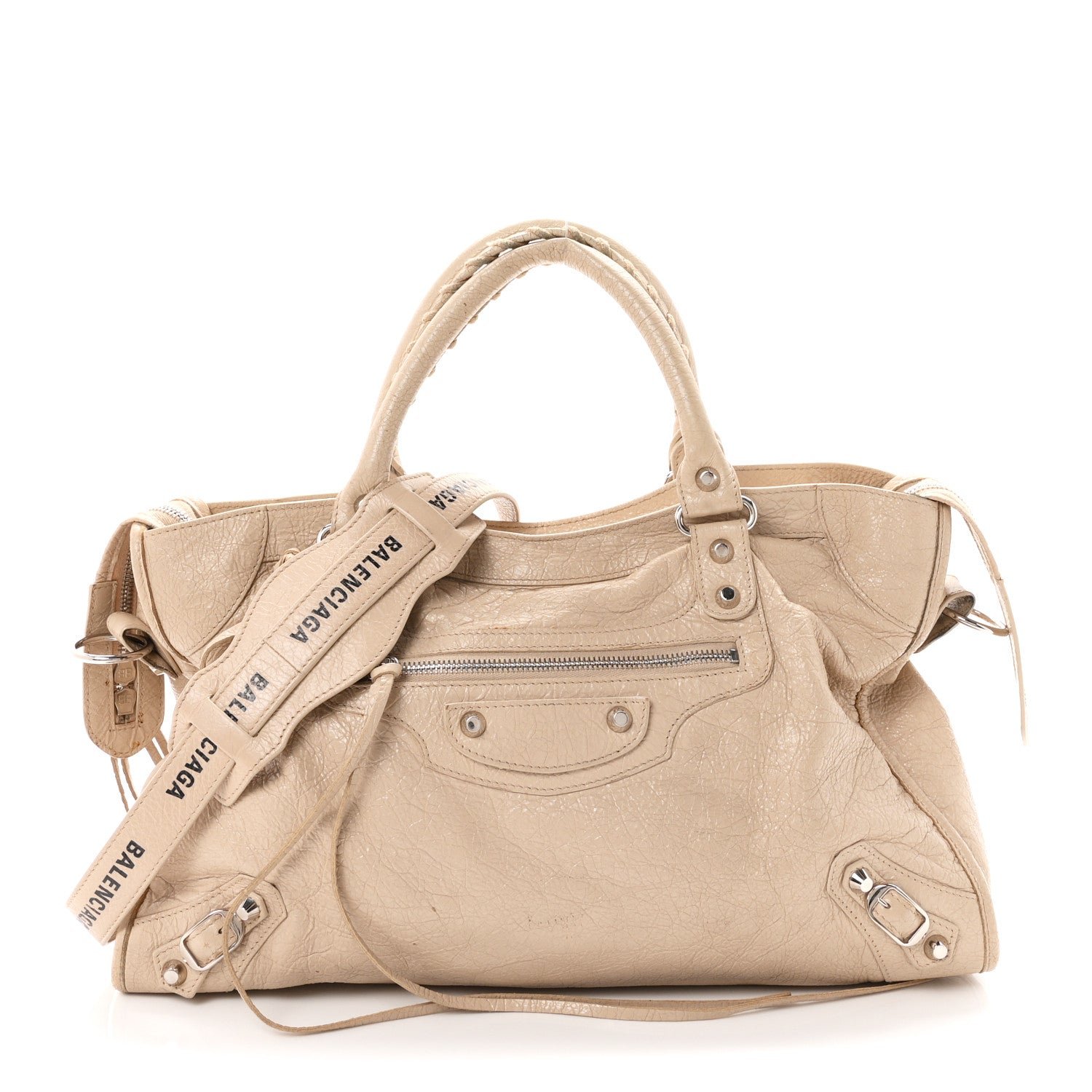 Balenciaga Agneau Classic Silver Hardware City Logo Strap Light Beige Black