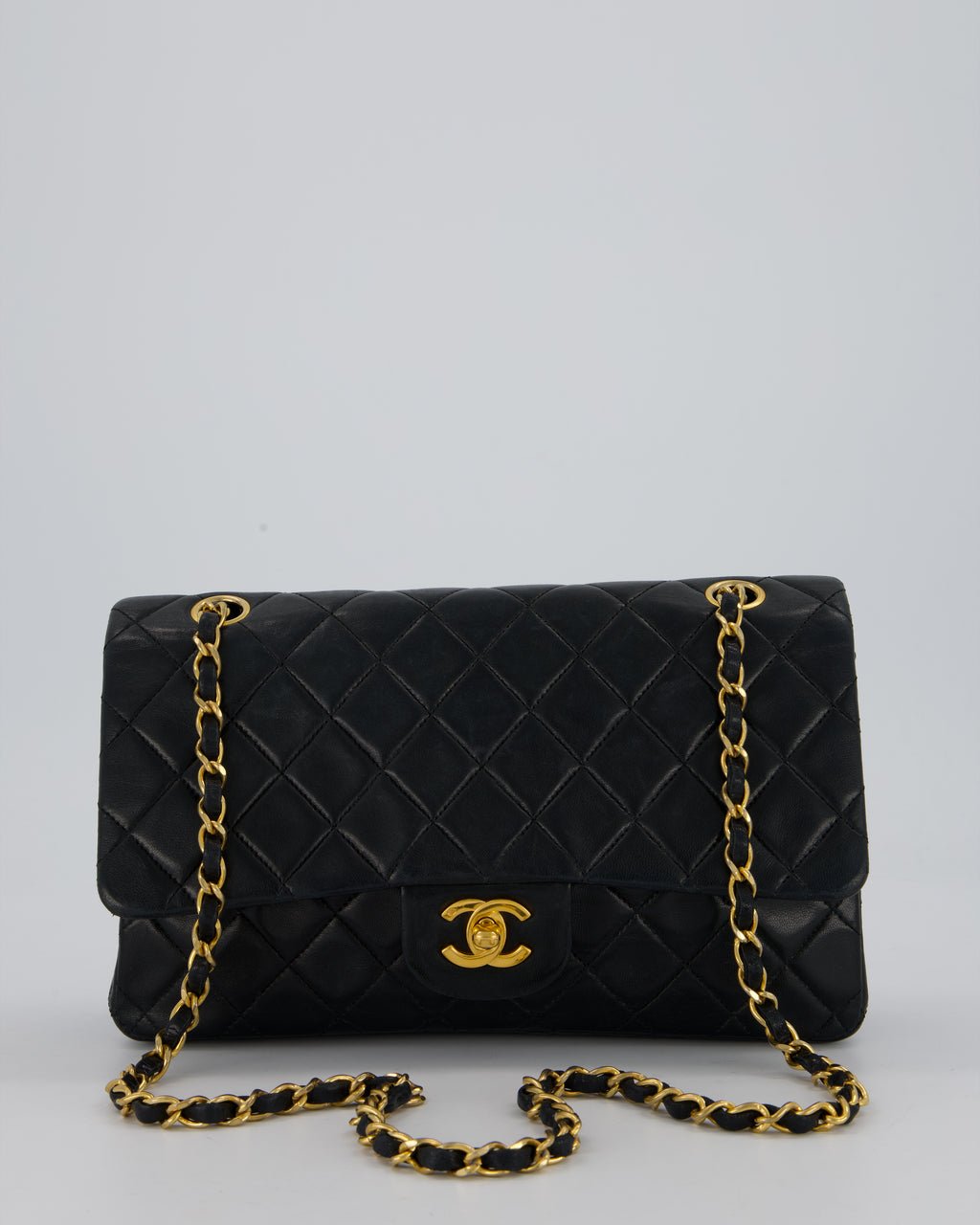 Chanel Vintage Navy Medium Classic Double Flap Bag in Lambskin Leather with 24K Gold Hardware