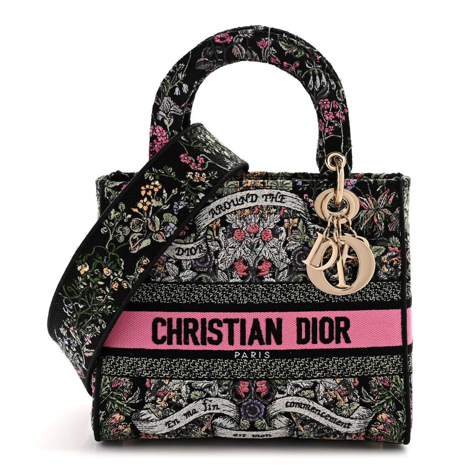 Dior Canvas Around the World Embroidered Medium Lady D-Lite Black Pastel Pink