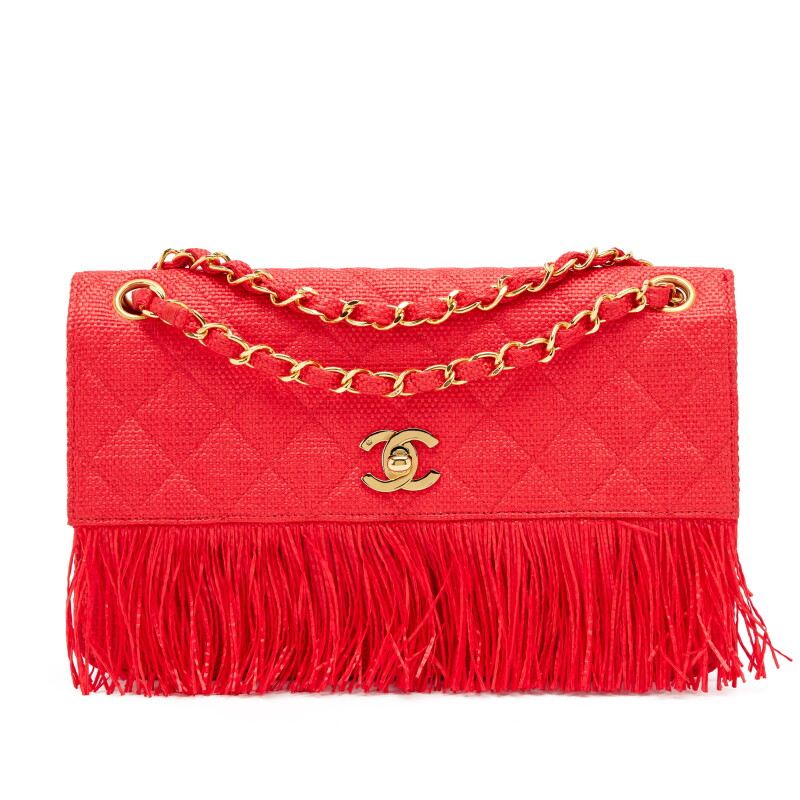 Vintage Red Quilted Raffia and Fringe Flap Bag Gold Hardware, 1992