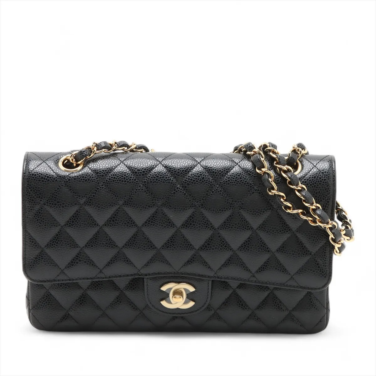 Chanel Matelasse 25 Caviar Skin Double Flap Double Chain Bag Black Gold Metal Fi