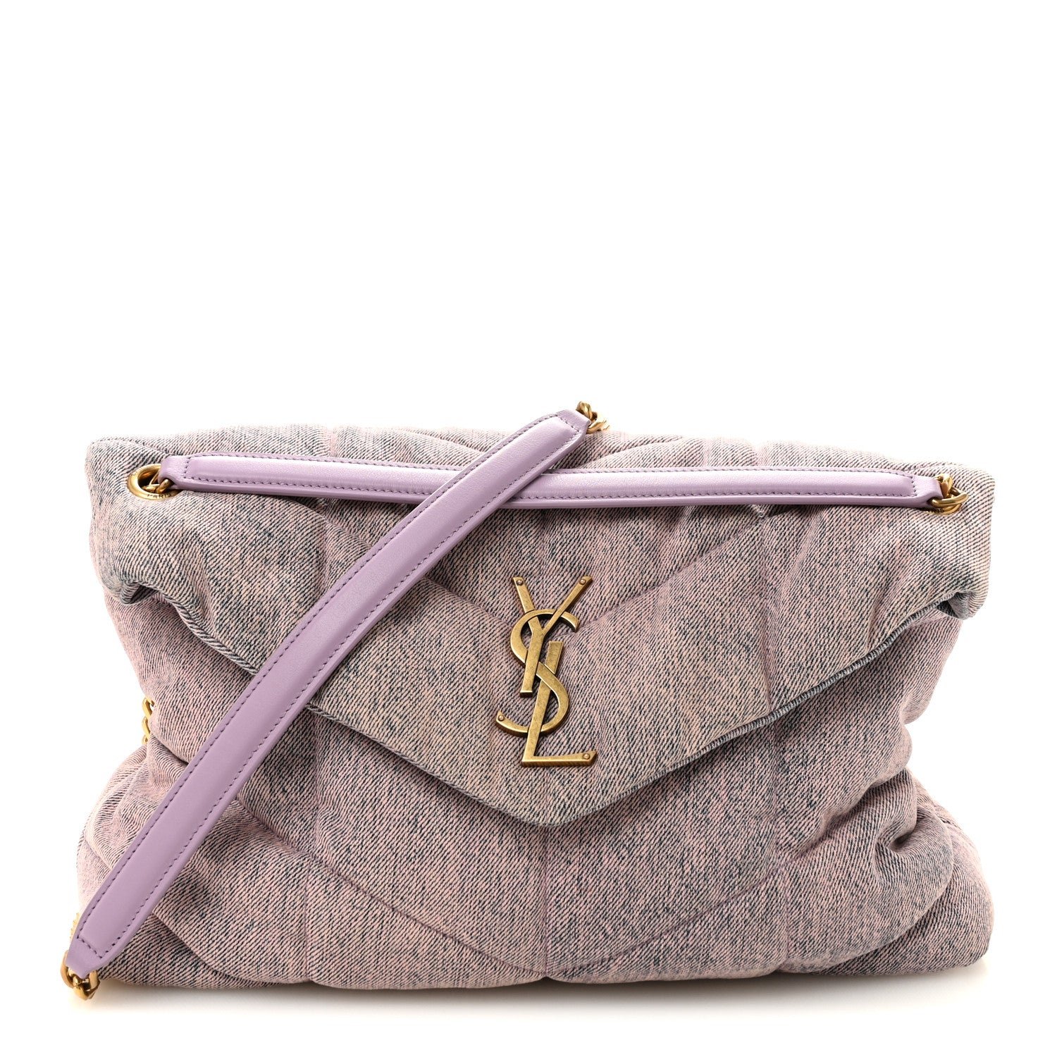 Saint Laurent Denim Quilted Medium Loulou Puffer Monogram Chain Satchel Bleached Lilac
