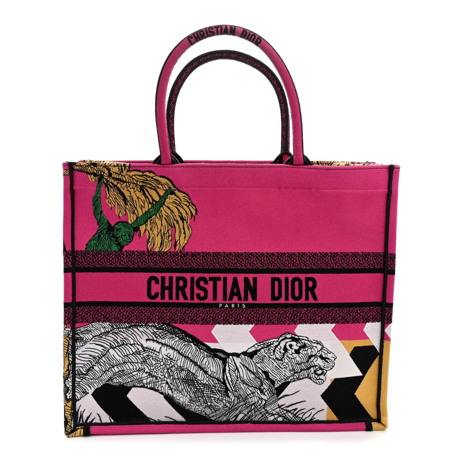 Christian Dior Canvas Embroidered Large Jungle Pop Book Tote Fuchsia Multicolor