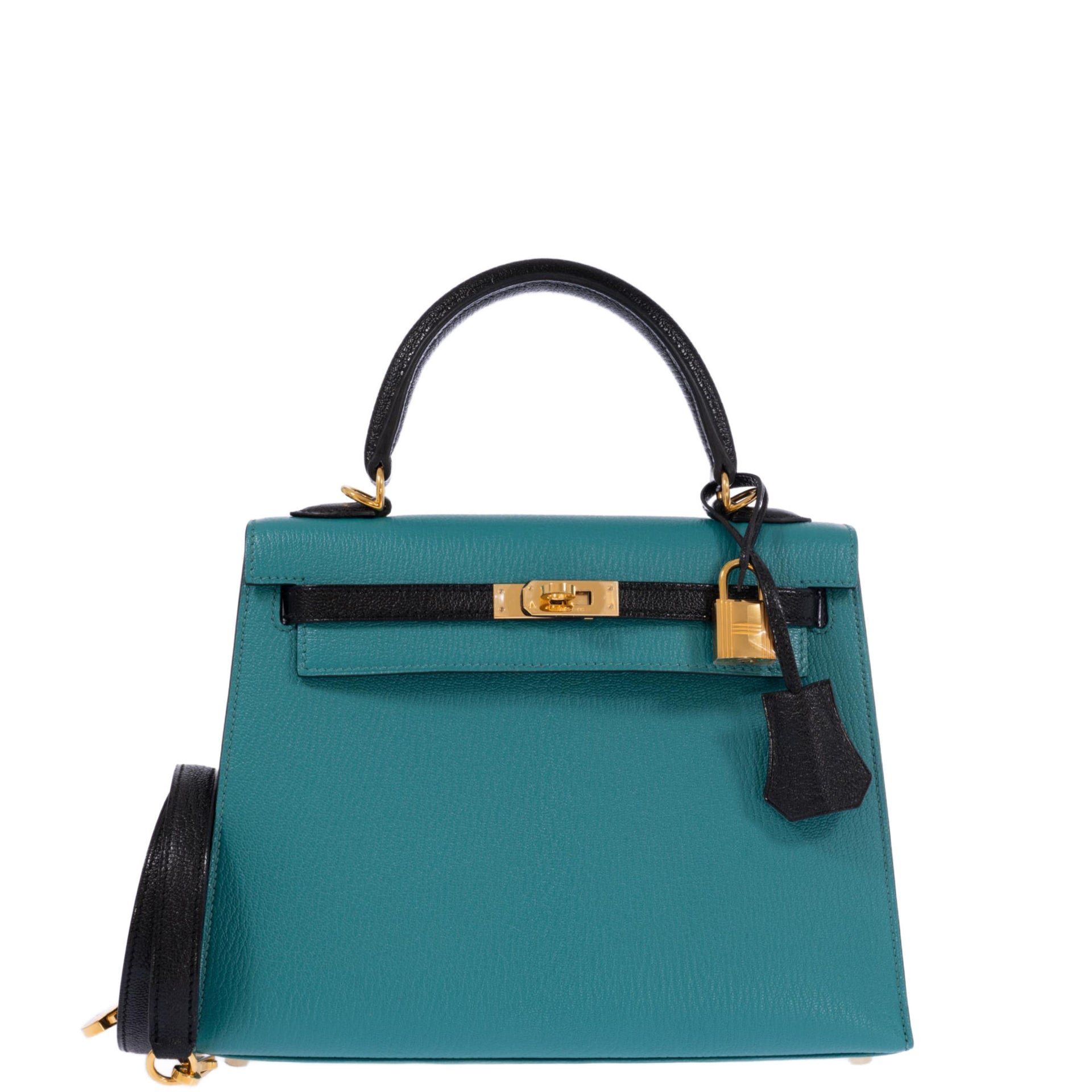 Hermes Hermès Kelly 25 Sellier HSS Blue Paon & Black Chevre Mysore Gold Hardware