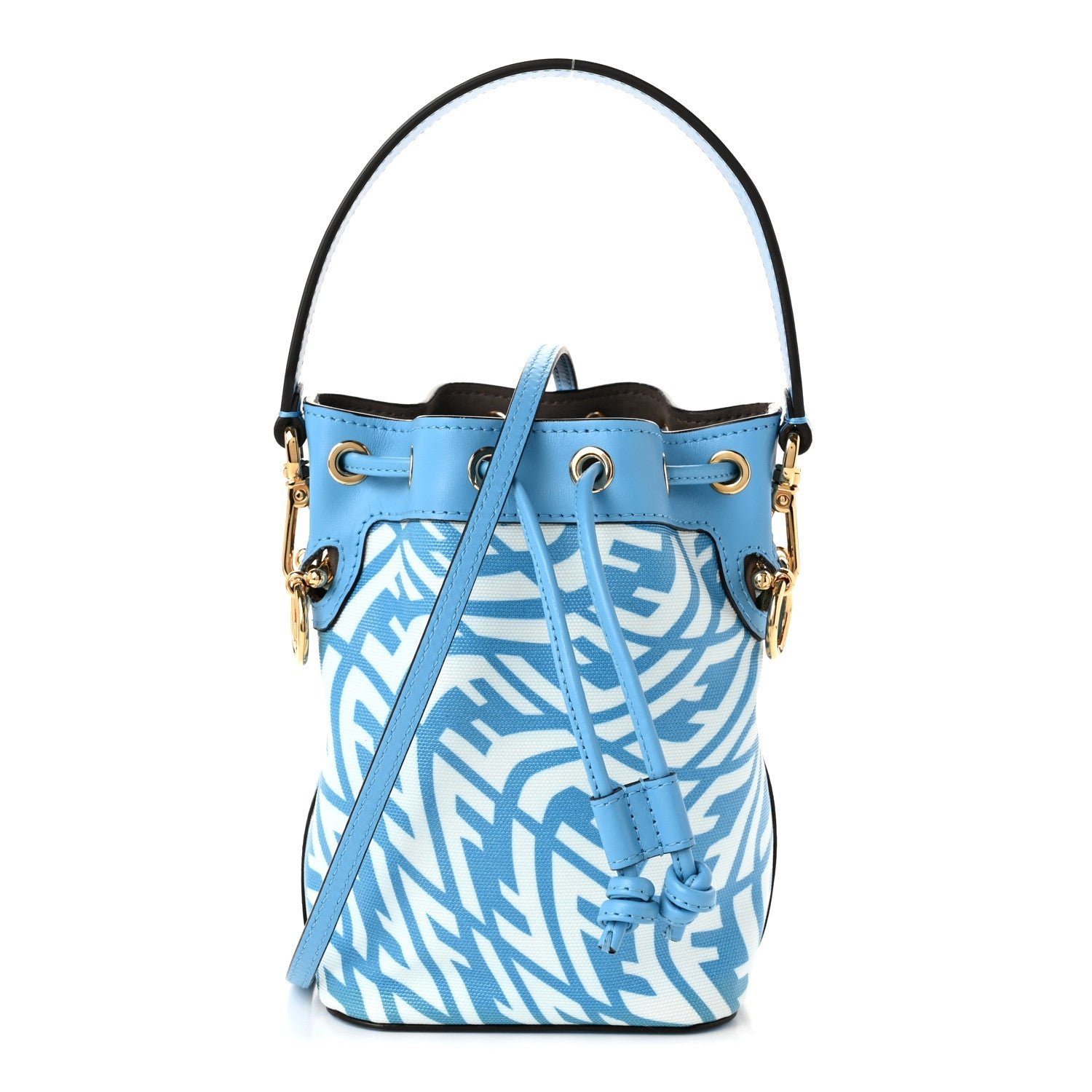 Fendi X SARAH COLEMAN Glazed Canvas Vitello King F is Fendi FF Vertigo Mini Mon Tresor Bucket Bag Cyber Blue White