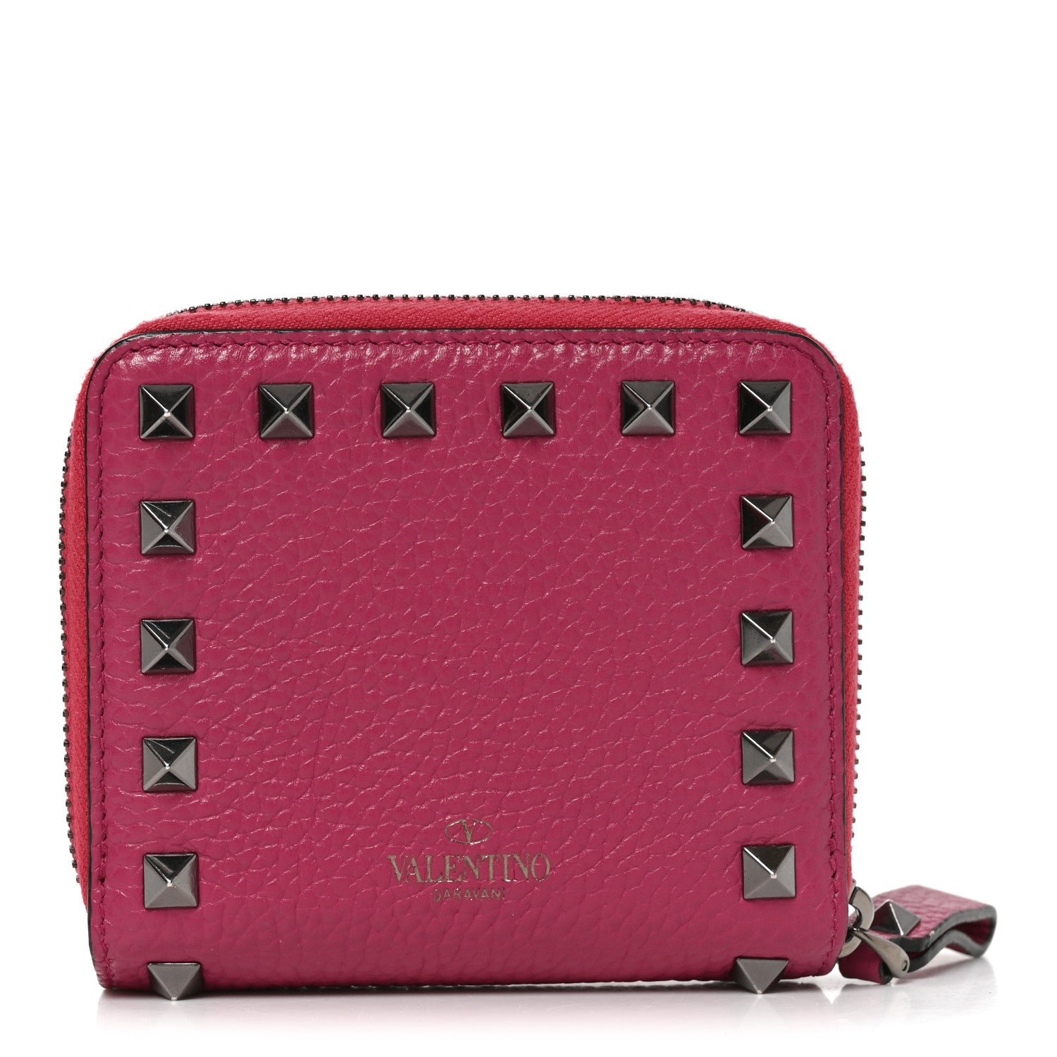 Valentino Garavani Pebbled Calfskin Rockstud Zip Around French Wallet Deep Cyclamin