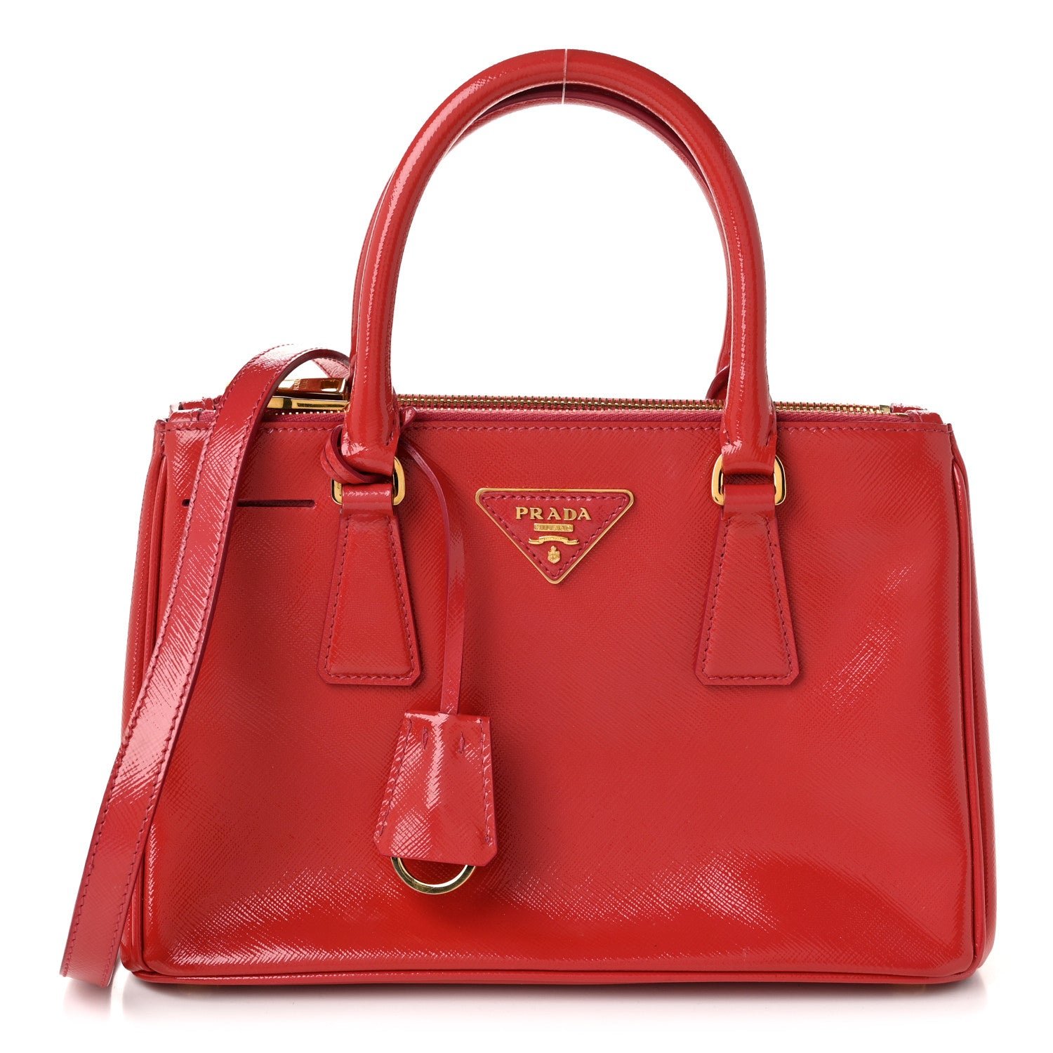 Prada Saffiano Vernice Small Galleria Double Zip Tote Peonia