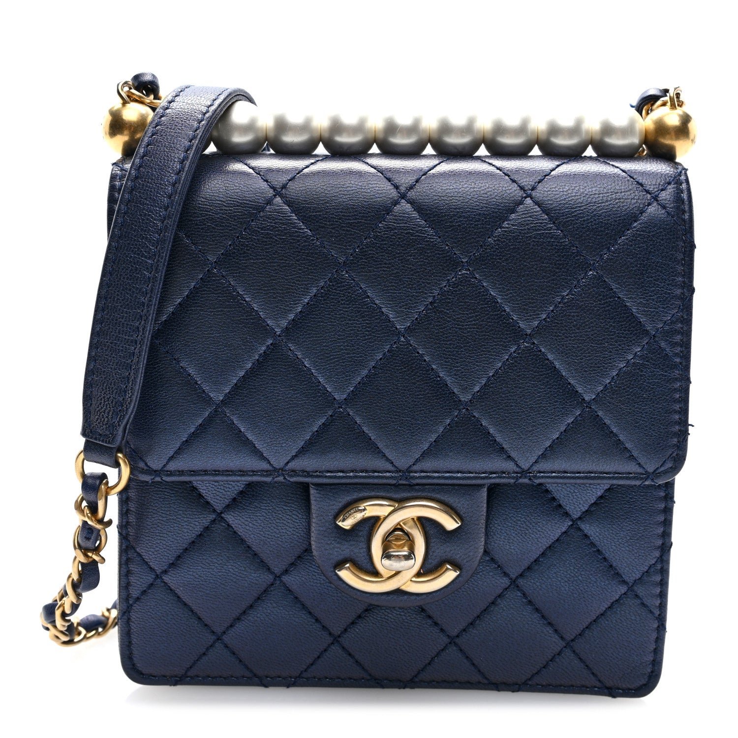 Chanel Iridescent Lambskin Quilted Chic Pearls Flap Navy Blue