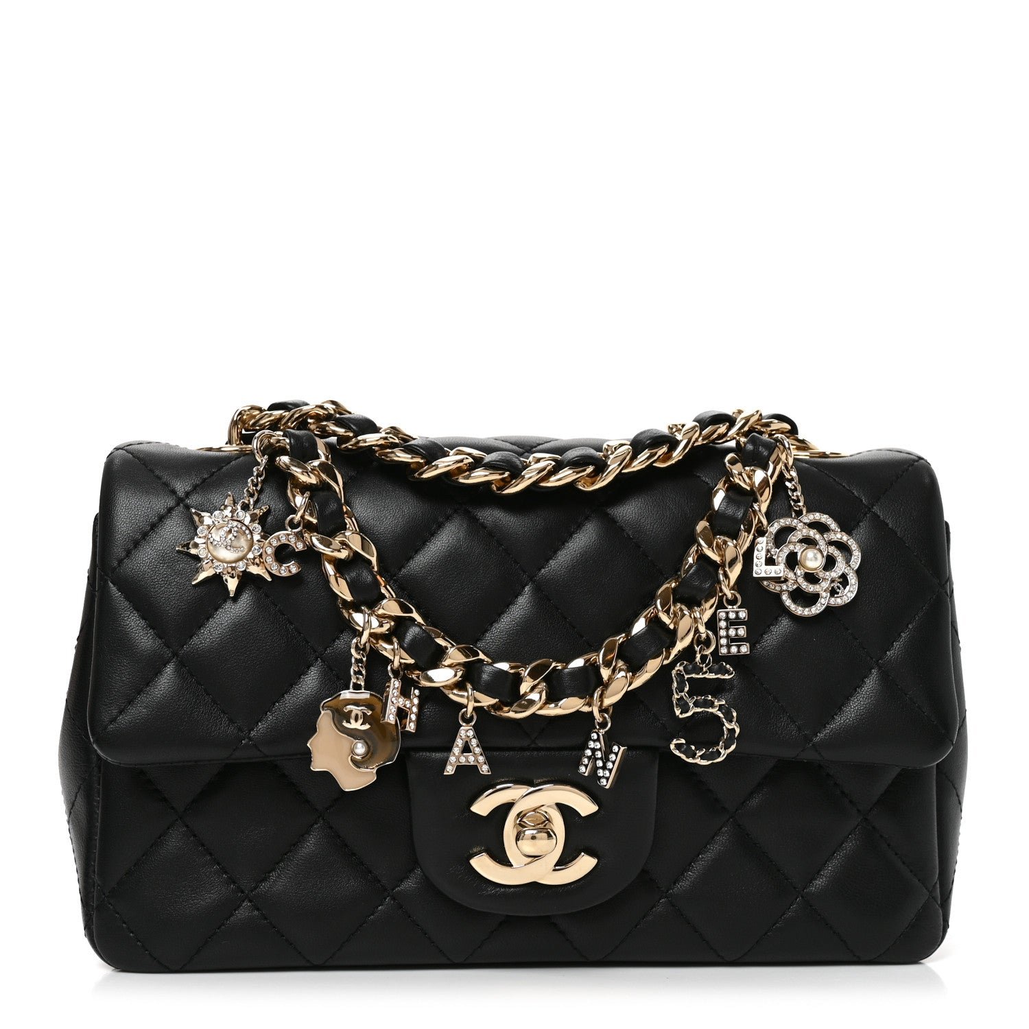 Chanel Lambskin Quilted Mini Coco Charms Rectangular Flap Black