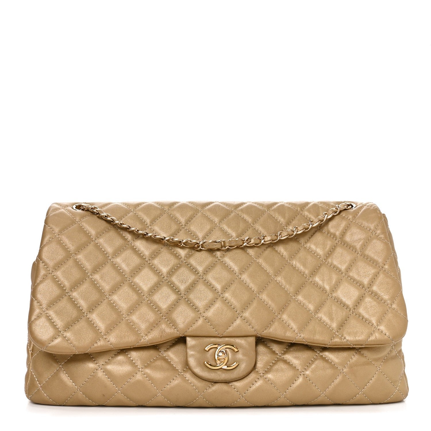 Chanel Metallic Calfskin Quilted Small XXL Travel Flap Bag Gold