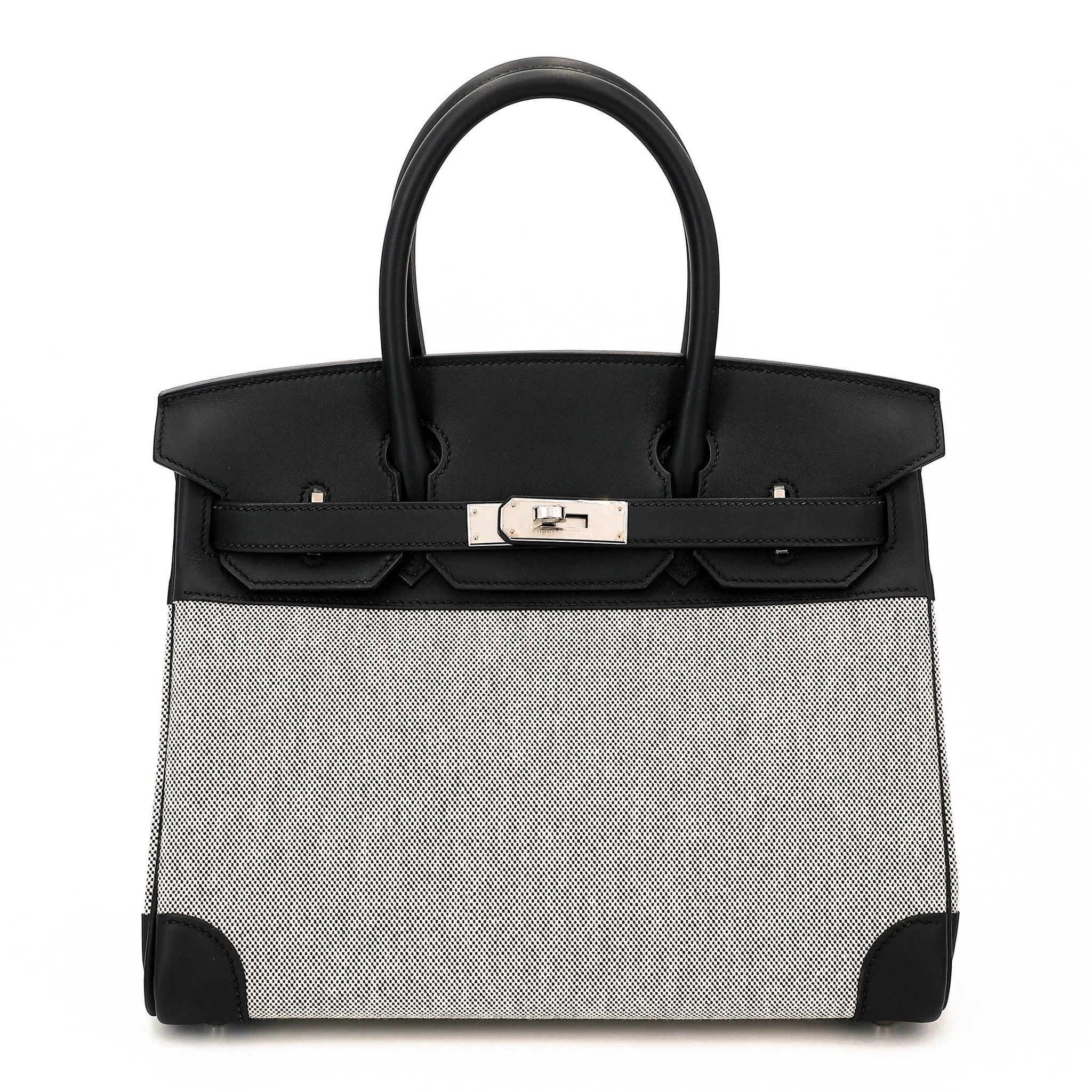 Excellent ( Rank SA ) HERMÈS Birkin 30 Noir (89) Swift Toile H canvas Palladium hardware B (2023)