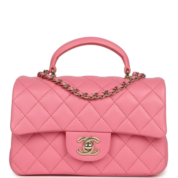 Chanel Mini Rectangular Flap Bag with Top Handle Pink Lambskin Light Gold Hardware