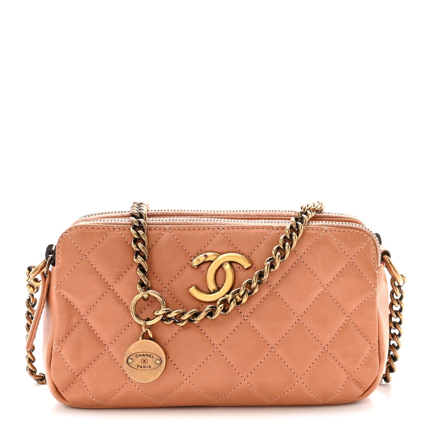 Chanel Calfskin Quilted Crown CC Double Zip Bag Beige