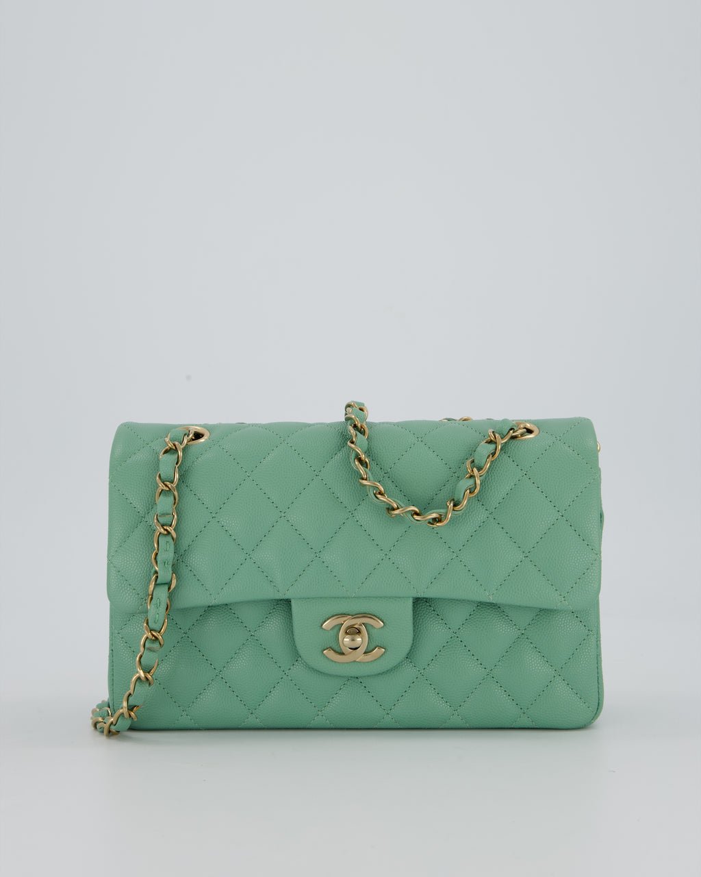 *SUPER HOT* Chanel 21P Mint Green Classic Small Double Flap Bag in Caviar Leather with Champagne Gold Hardware