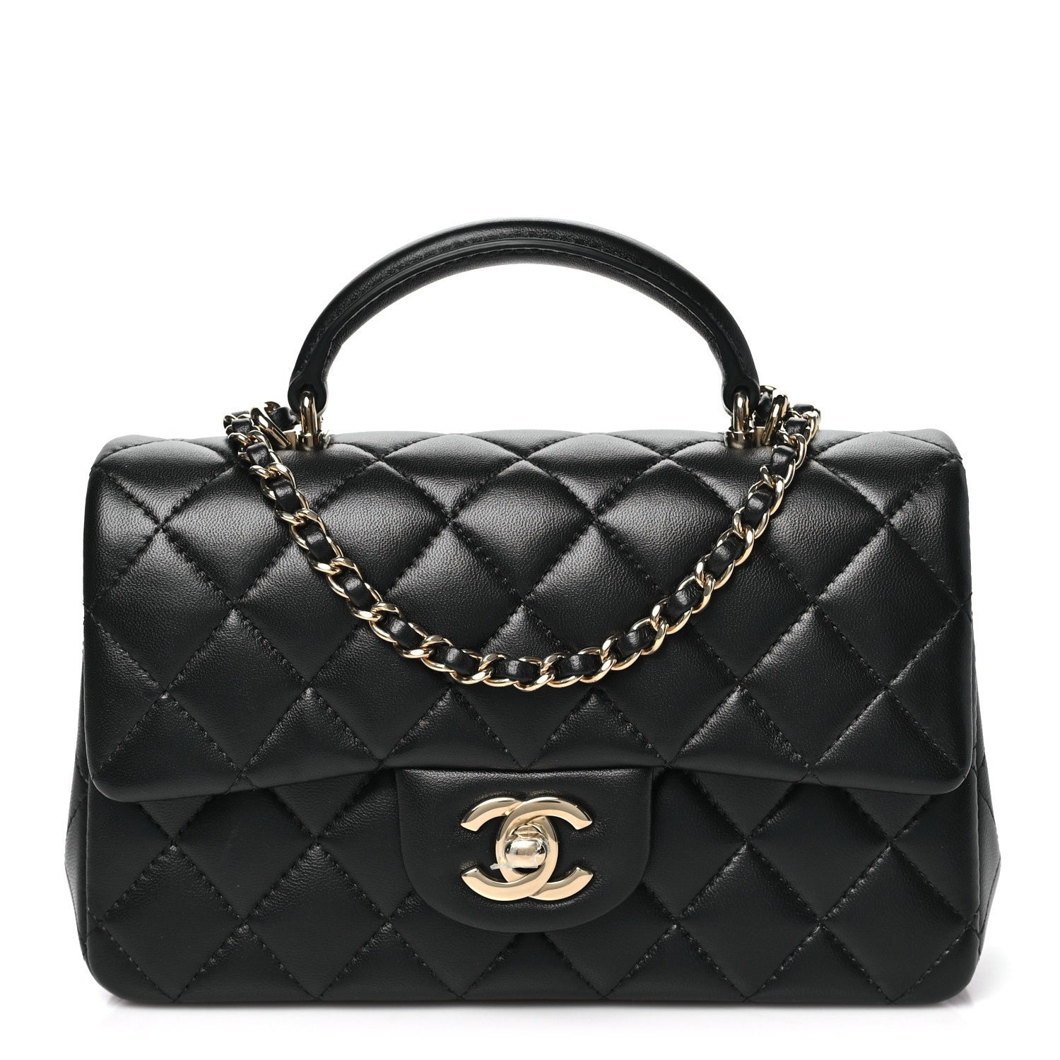 Chanel Lambskin Quilted Mini Top Handle Rectangular Flap Black