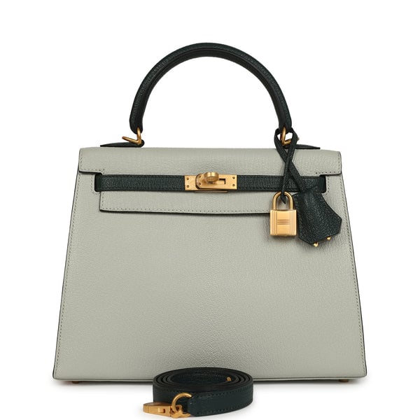 Hermes Pre-owned Hermes Special Order (HSS) Kelly Sellier 25 Gris Perle and Vert Titien Chevre Mysore Brushed Gold Hardware