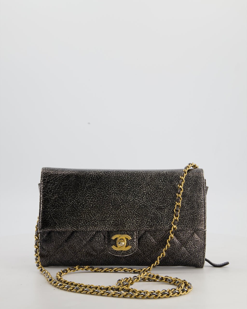 Chanel Black, Cracked Silver Metallic Wallet on Chain Bag in Calfskin Leather with Antique Gold Hardware