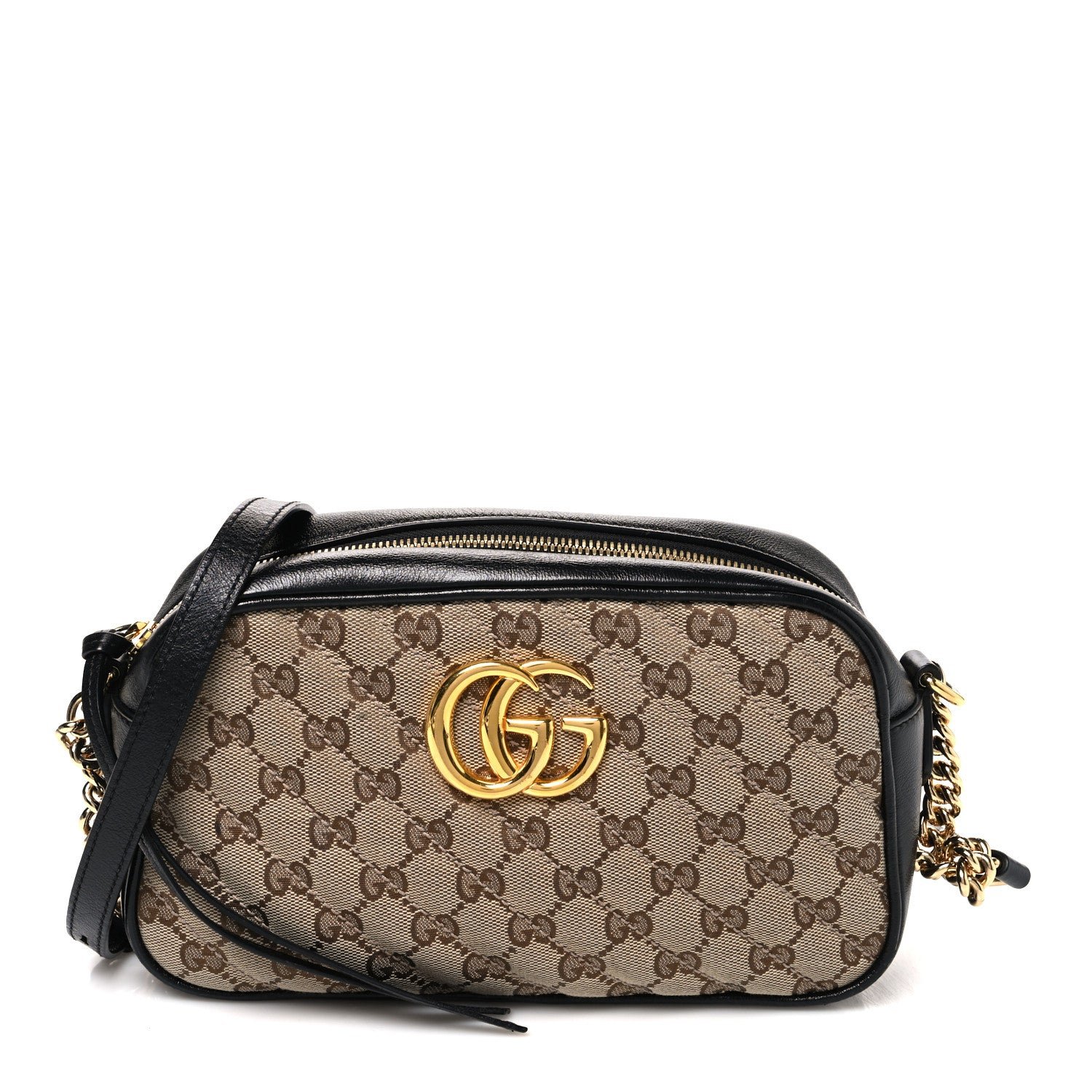 Gucci Monogram Matelasse Diagonal Small GG Marmont Chain Shoulder Bag Beige Black